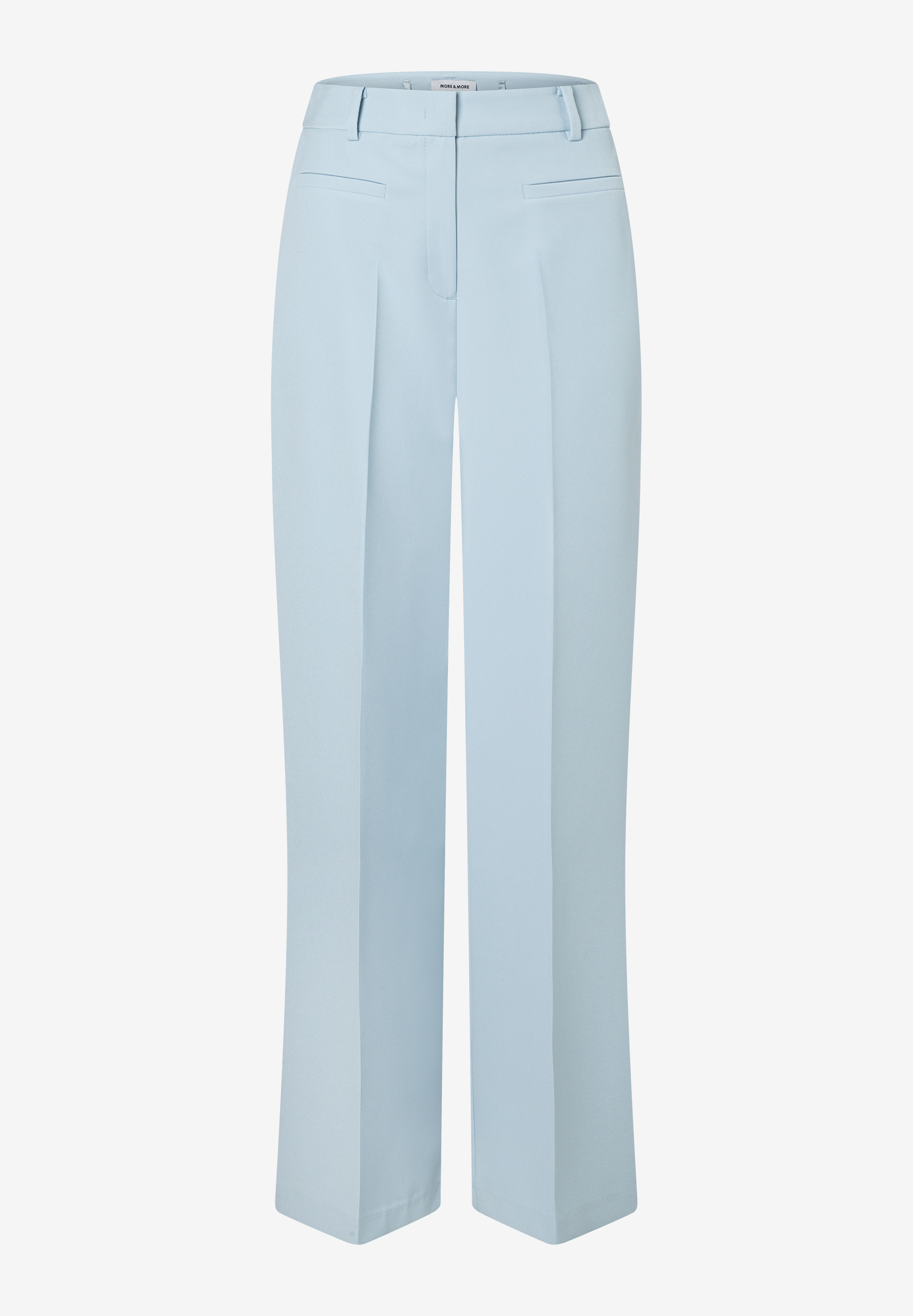 Eine hellblaue Stoffhose der Marke MORE & MORE auf weißem Grund. Eine hellblaue Stoffhose der Marke MORE & MORE auf weißem Grund.