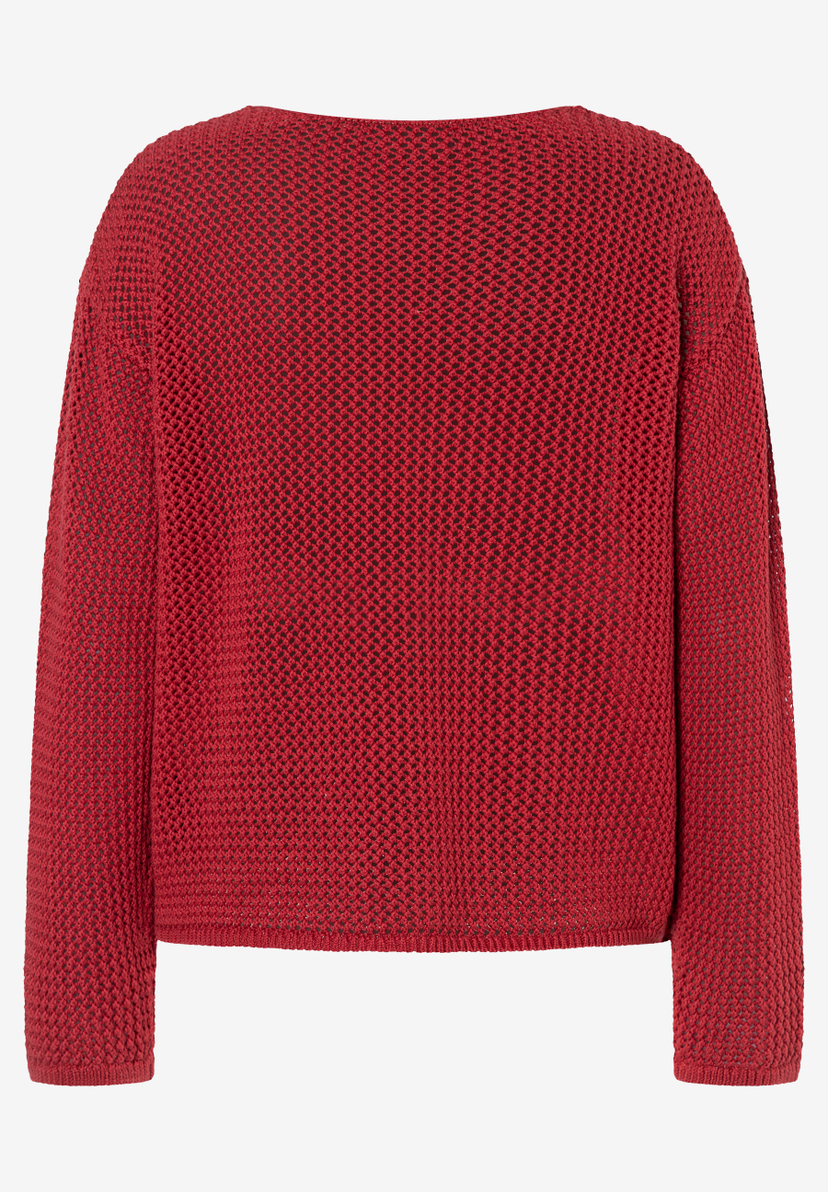 MORE & MORE roter Strickpullover mit U-Boot-Ausschnitt, Rückansicht. MORE & MORE roter Strickpullover mit U-Boot-Ausschnitt, Rückansicht.