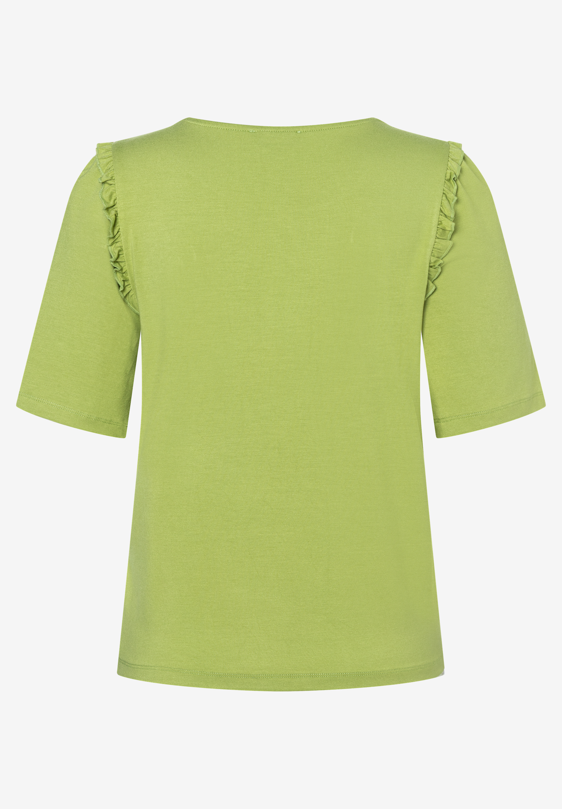 Ein grünes MORE & MORE T-Shirt mit kurzen Ärmeln und Rüschen an den Schultern, von hinten fotografiert. Ein grünes MORE & MORE T-Shirt mit kurzen Ärmeln und Rüschen an den Schultern, von hinten fotografiert.