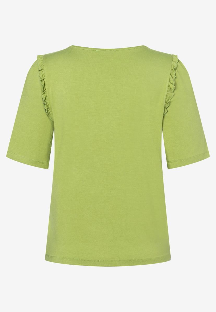 Ein grünes MORE & MORE T-Shirt mit kurzen Ärmeln und Rüschen an den Schultern, von hinten fotografiert. Ein grünes MORE & MORE T-Shirt mit kurzen Ärmeln und Rüschen an den Schultern, von hinten fotografiert.