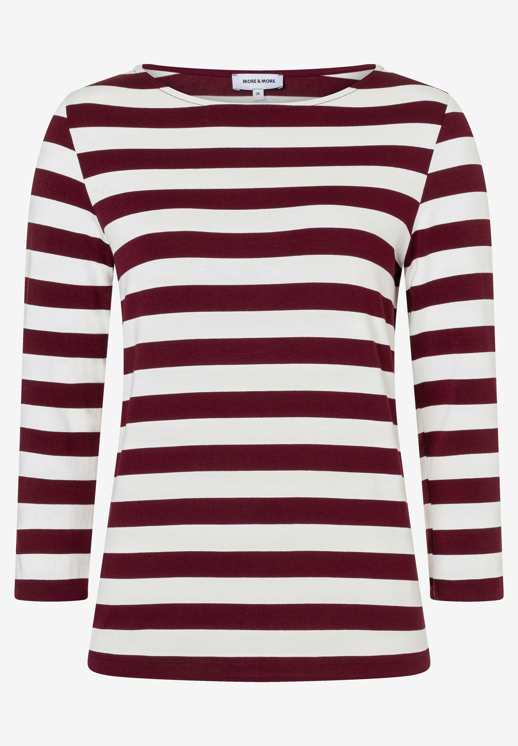 MORE & MORE Damen T-Shirt in Dunkelrot und Weiß gestreift, mit U-Boot-Ausschnitt und 3/4-Ärmeln.