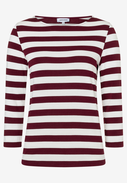 MORE & MORE Damen T-Shirt in Dunkelrot und Weiß gestreift, mit U-Boot-Ausschnitt und 3/4-Ärmeln.