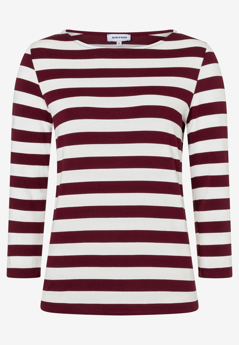MORE & MORE Damen T-Shirt in Dunkelrot und Weiß gestreift, mit U-Boot-Ausschnitt und 3/4-Ärmeln. MORE & MORE Damen T-Shirt in Dunkelrot und Weiß gestreift, mit U-Boot-Ausschnitt und 3/4-Ärmeln.