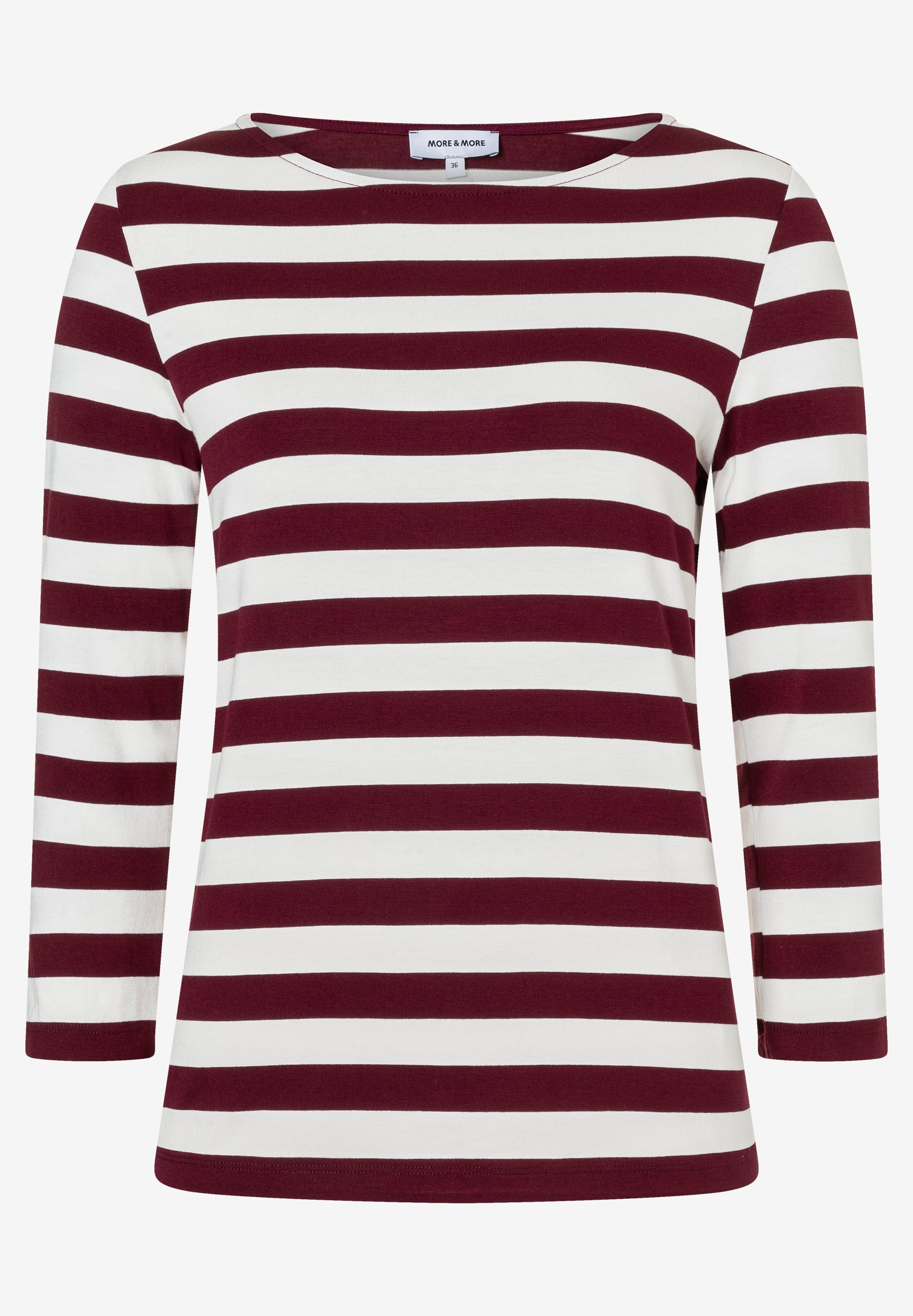 MORE & MORE Damen T-Shirt in Dunkelrot und Weiß gestreift, mit U-Boot-Ausschnitt und 3/4-Ärmeln. MORE & MORE Damen T-Shirt in Dunkelrot und Weiß gestreift, mit U-Boot-Ausschnitt und 3/4-Ärmeln.