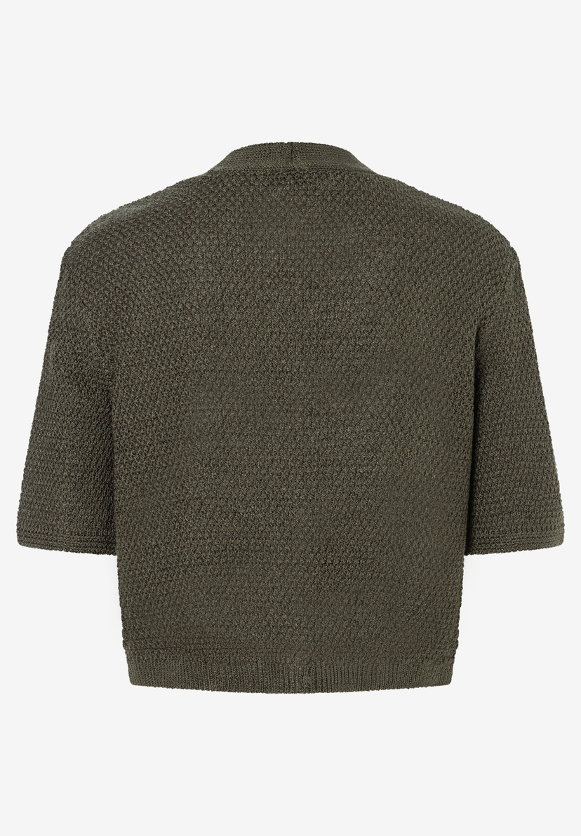 MORE & MORE Pullover aus olivgrünem Strukturstrick mit halblangen Ärmeln, glänzender Optik und elastischem Tragekomfort. MORE & MORE Pullover aus olivgrünem Strukturstrick mit halblangen Ärmeln, glänzender Optik und elastischem Tragekomfort.