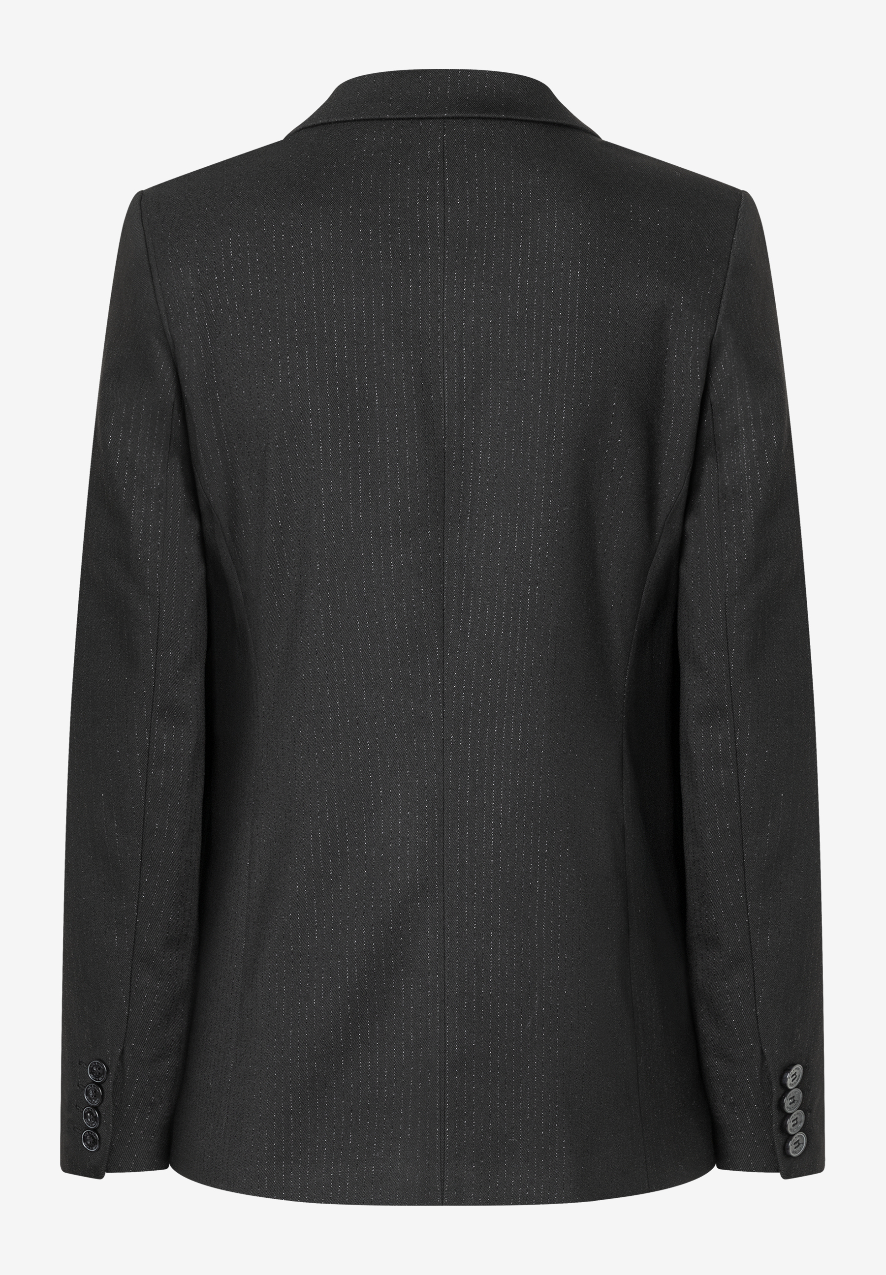 Die Rückansicht eines MORE & MORE Blazers, Oberteil mit Nadelstreifen und Knöpfen am Ärmel. Die Rückansicht eines MORE & MORE Blazers, Oberteil mit Nadelstreifen und Knöpfen am Ärmel.
