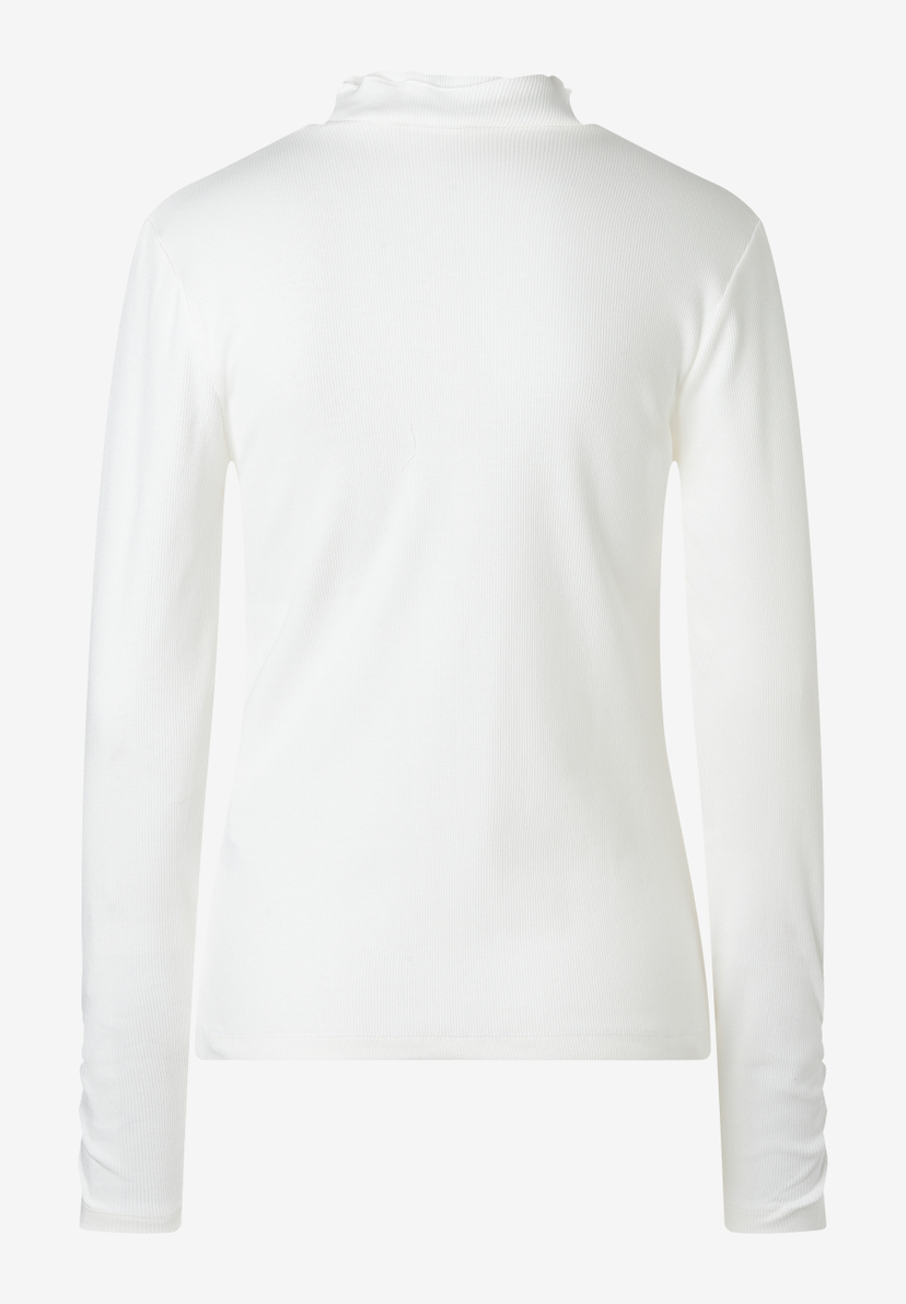 MORE & MORE geripptes Langarmshirt in Weiß. Das Oberteil hat einen hohen, gekräuselten Kragen und enganliegende Ärmel. MORE & MORE geripptes Langarmshirt in Weiß. Das Oberteil hat einen hohen, gekräuselten Kragen und enganliegende Ärmel.