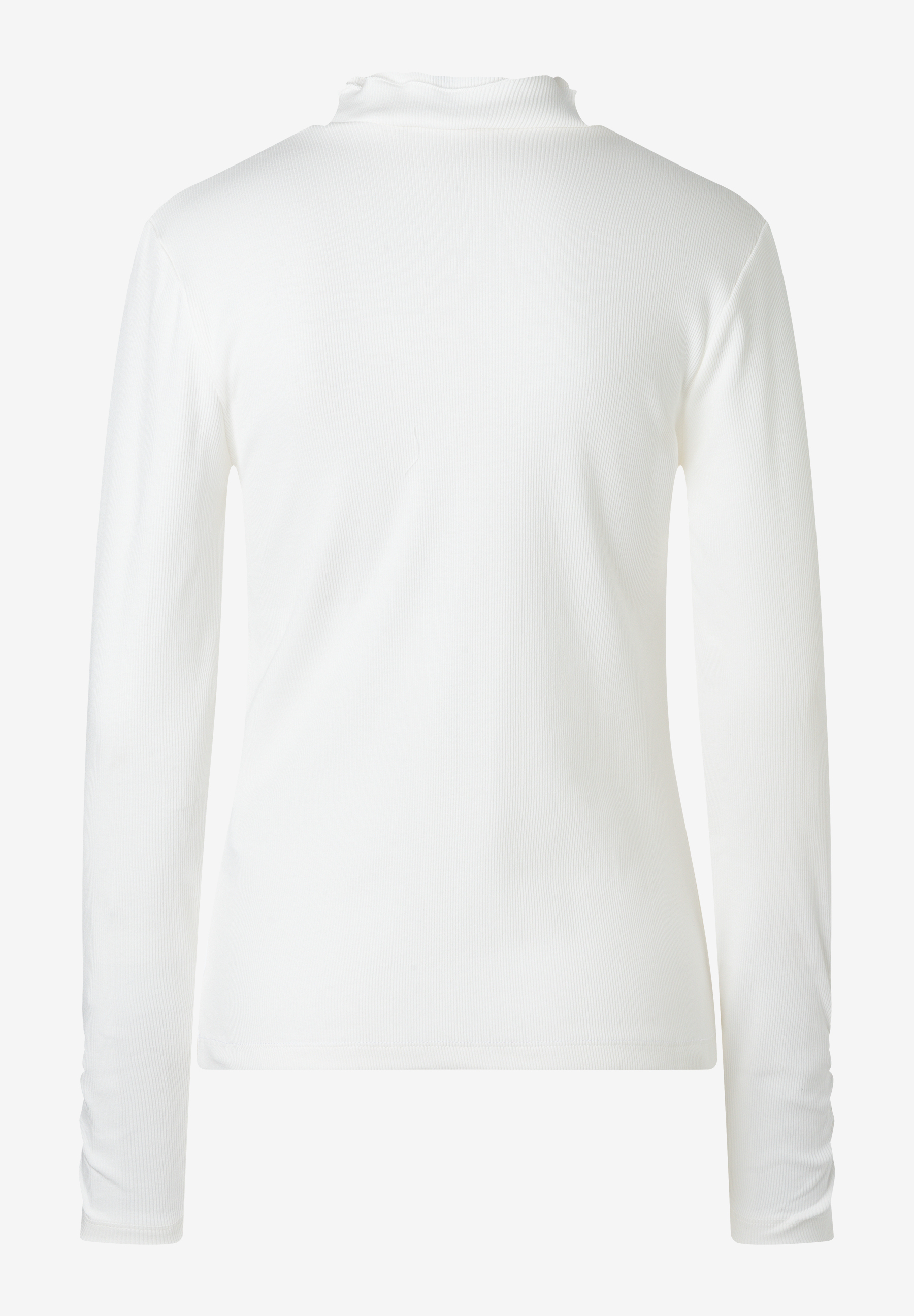 MORE & MORE geripptes Langarmshirt in Weiß. Das Oberteil hat einen hohen, gekräuselten Kragen und enganliegende Ärmel. MORE & MORE geripptes Langarmshirt in Weiß. Das Oberteil hat einen hohen, gekräuselten Kragen und enganliegende Ärmel.