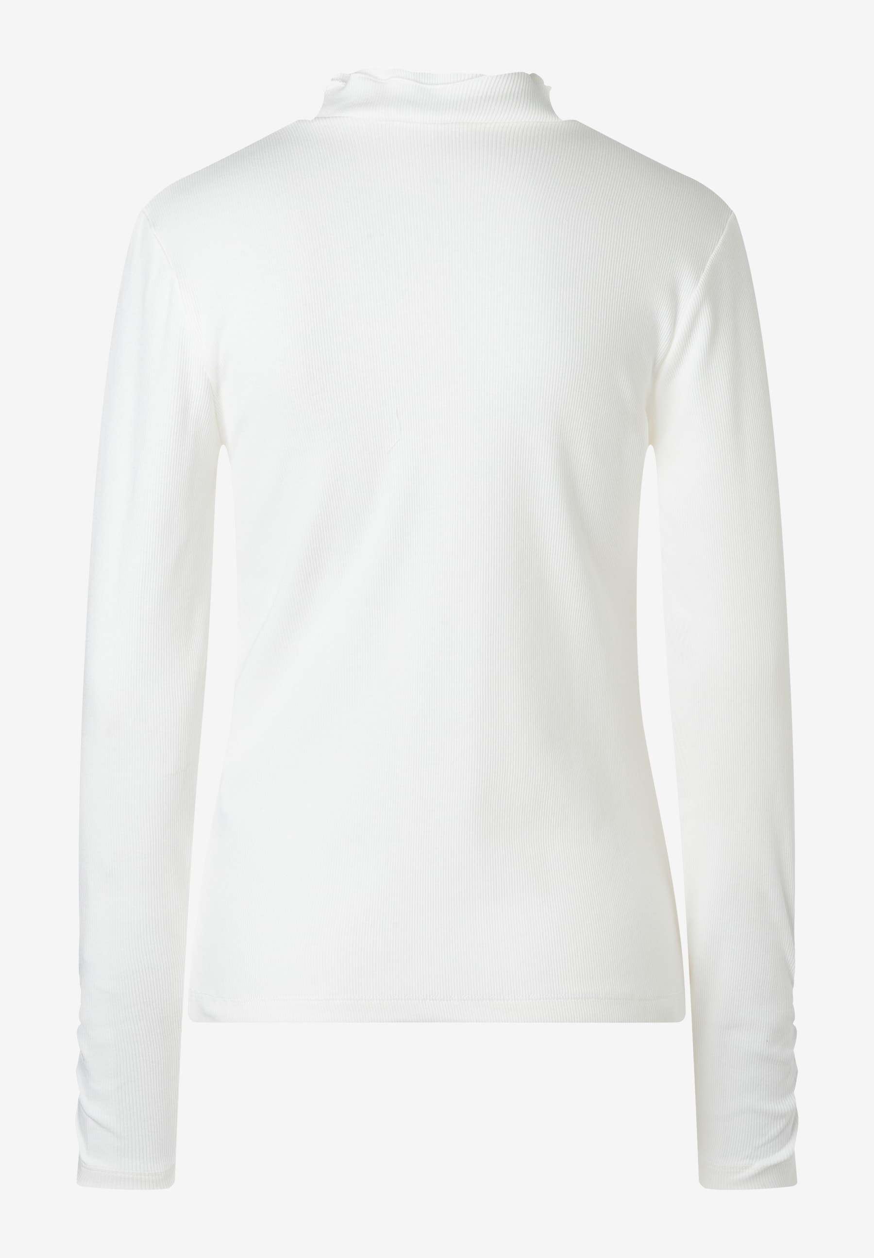 MORE & MORE geripptes Langarmshirt in Weiß. Eng anliegend, mit Stehkragen und gerafften Ärmelenden. MORE & MORE geripptes Langarmshirt in Weiß. Eng anliegend, mit Stehkragen und gerafften Ärmelenden.