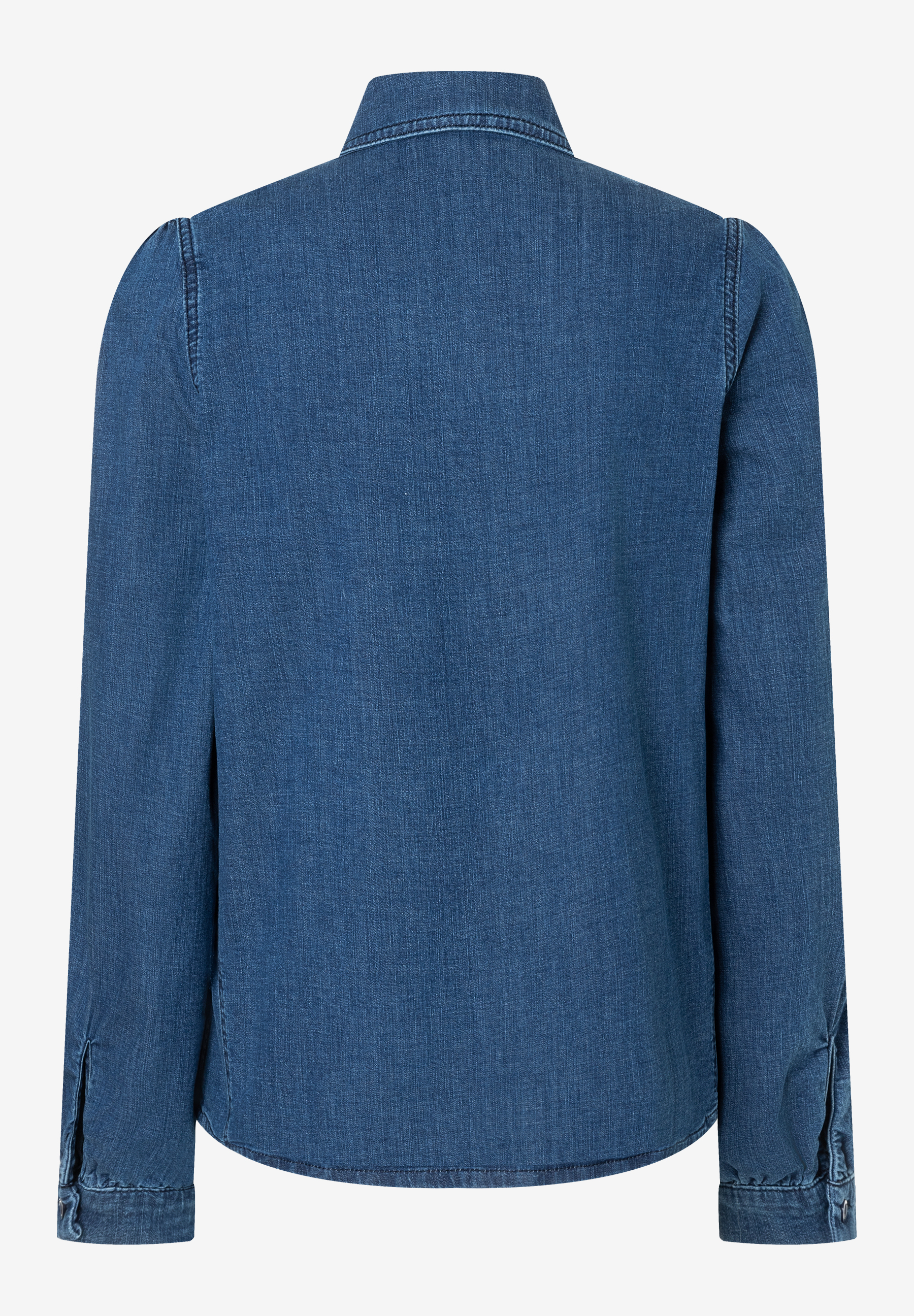 MORE & MORE Damen-Jeansbluse aus weichem Denim, rückenansicht. Lange Ärmel mit Manschetten und ein klassischer Kragen. MORE & MORE Damen-Jeansbluse aus weichem Denim, rückenansicht. Lange Ärmel mit Manschetten und ein klassischer Kragen.