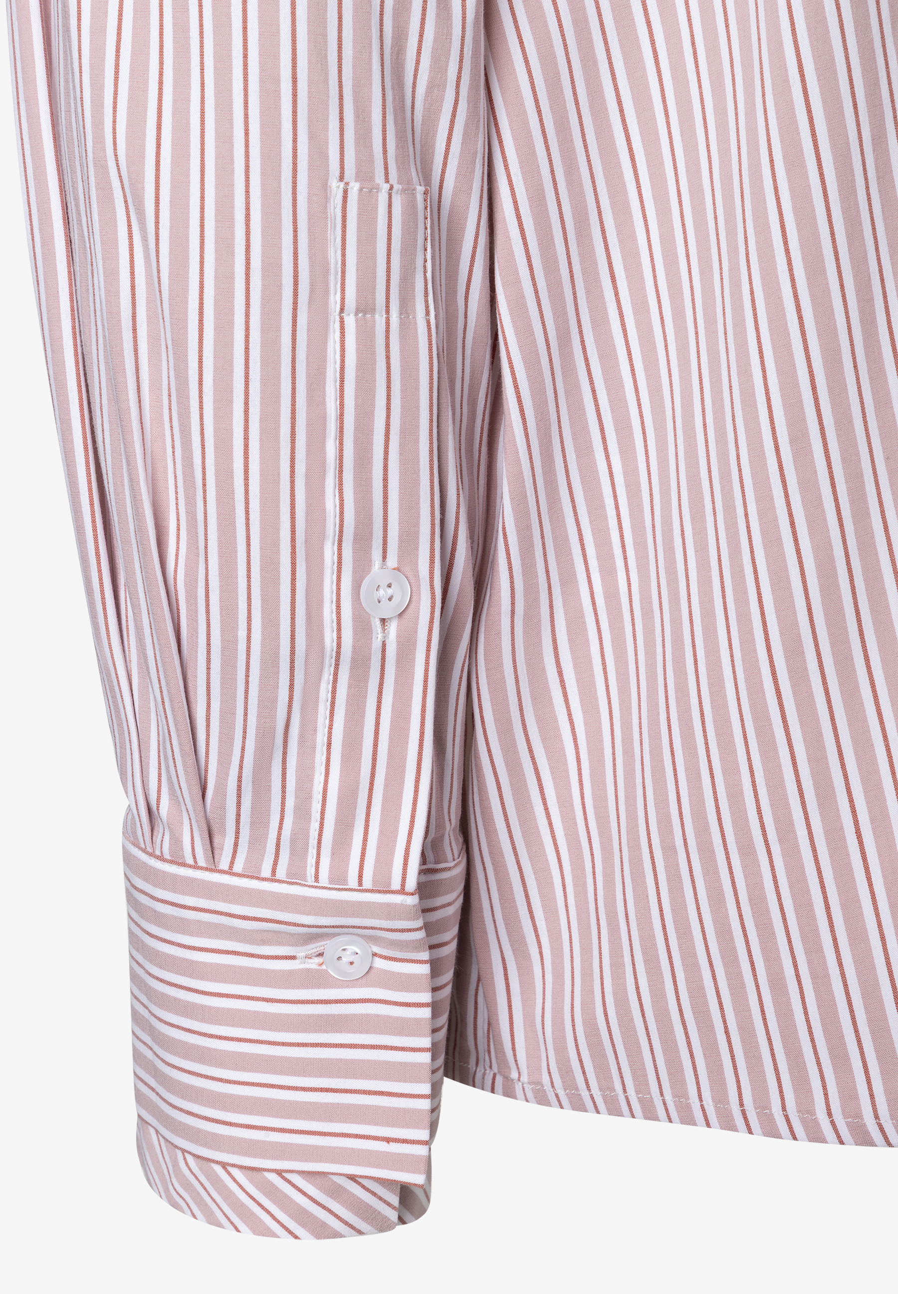 MORE & MORE Bluse: Gestreiftes Oberteil mit langen Ärmeln, rosafarbenen und weißen Streifen, und weißen Knöpfen.