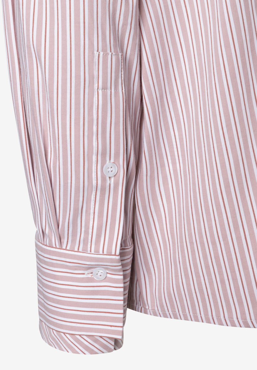 MORE & MORE Bluse: Gestreiftes Oberteil mit langen Ärmeln, rosafarbenen und weißen Streifen, und weißen Knöpfen.