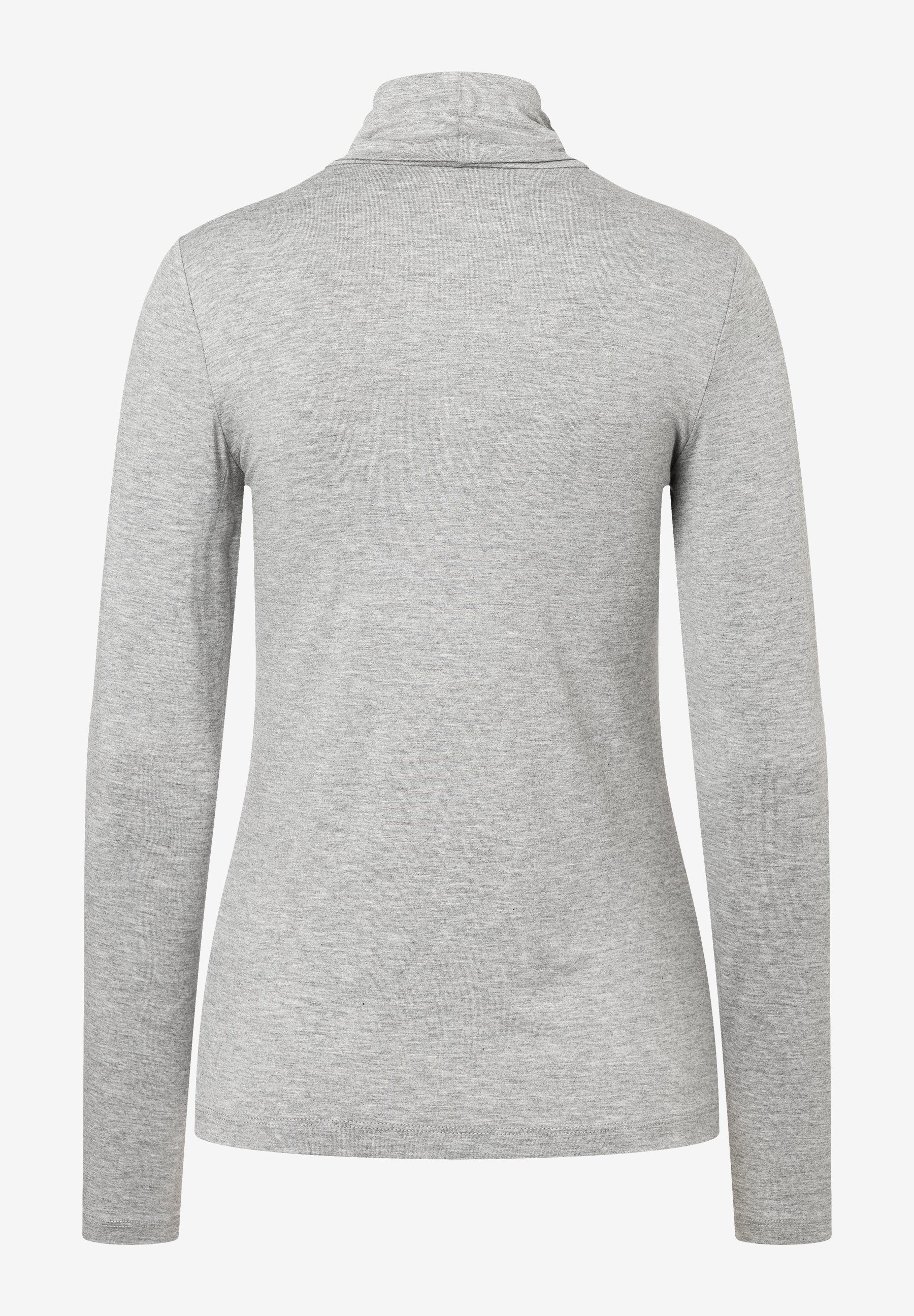 Ein graues MORE & MORE Oberteil mit Rollkragen und langen Ärmeln, von hinten fotografiert. Ein graues MORE & MORE Oberteil mit Rollkragen und langen Ärmeln, von hinten fotografiert.