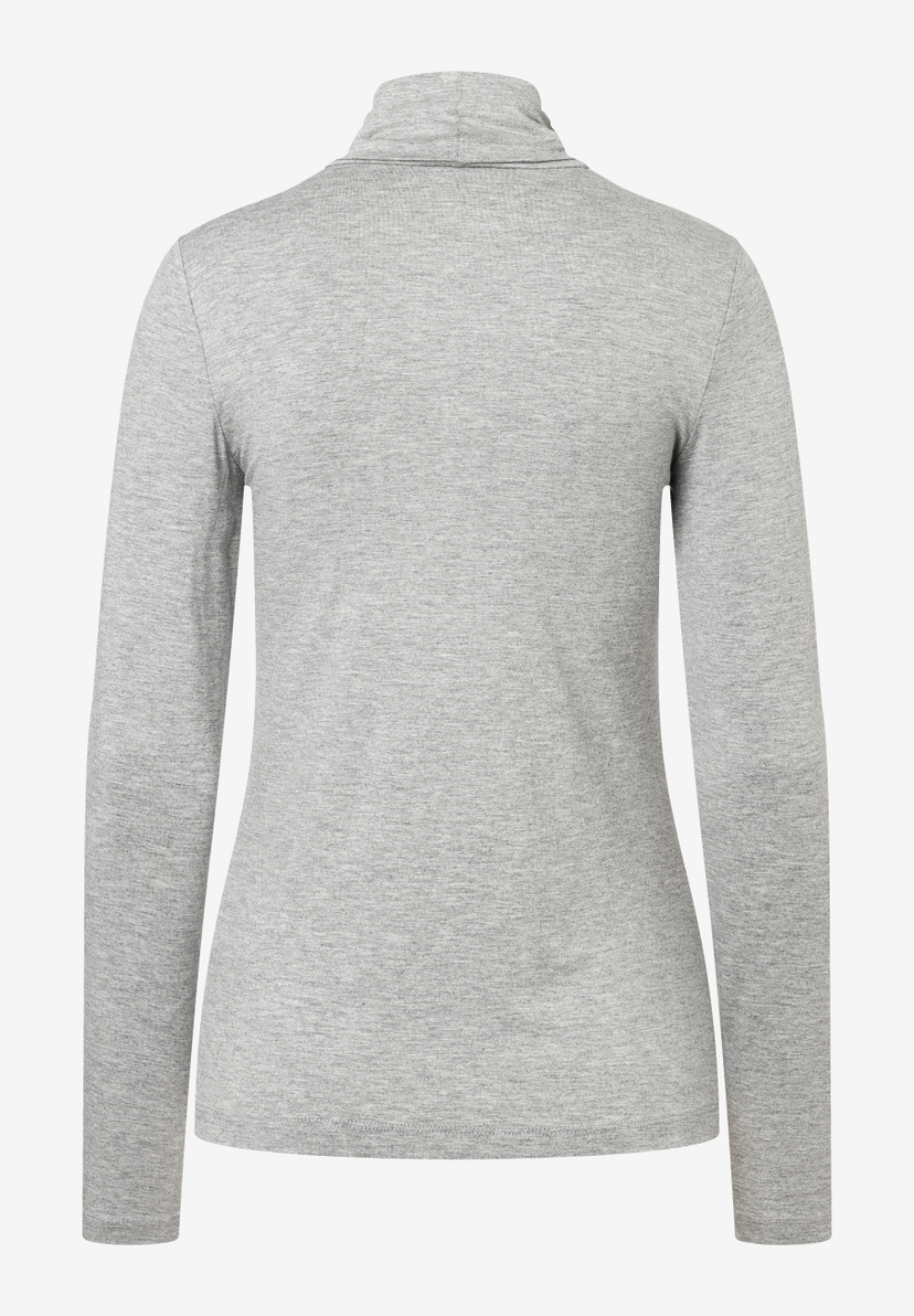 Ein graues MORE & MORE Oberteil mit Rollkragen und langen Ärmeln, von hinten fotografiert. Ein graues MORE & MORE Oberteil mit Rollkragen und langen Ärmeln, von hinten fotografiert.