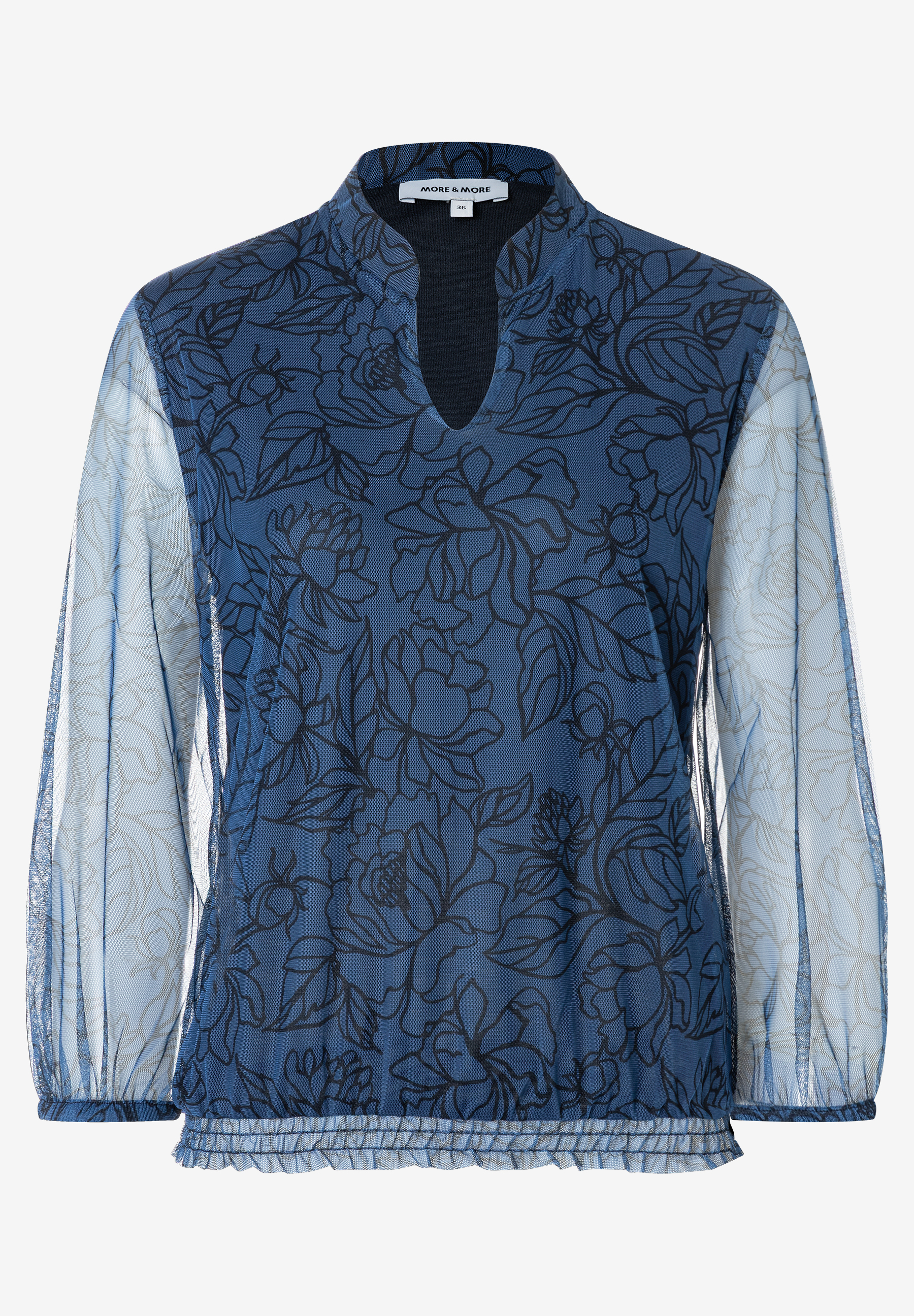 Ein blaues MORE & MORE Mesh-Oberteil mit Blumenmuster und Jersey-Details.