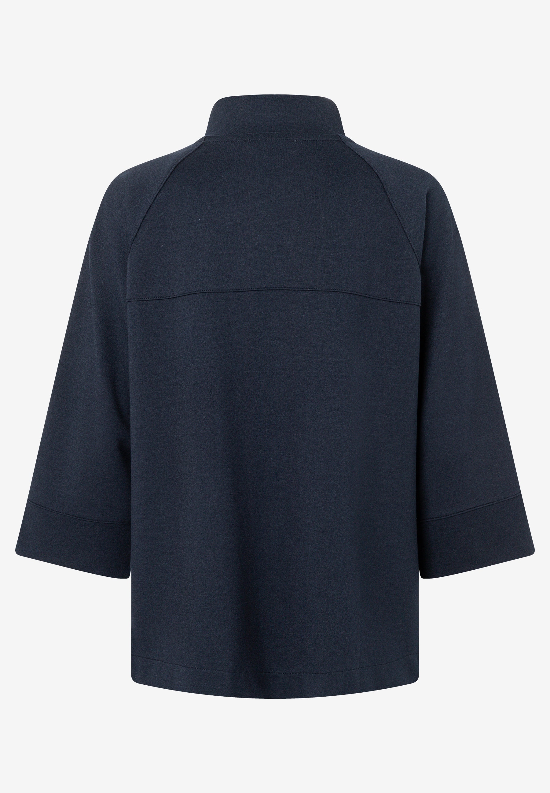 MORE & MORE Damen Sweatshirt in Dunkelblau mit Stehkragen und 3/4-Ärmeln, Rückansicht. MORE & MORE Damen Sweatshirt in Dunkelblau mit Stehkragen und 3/4-Ärmeln, Rückansicht.
