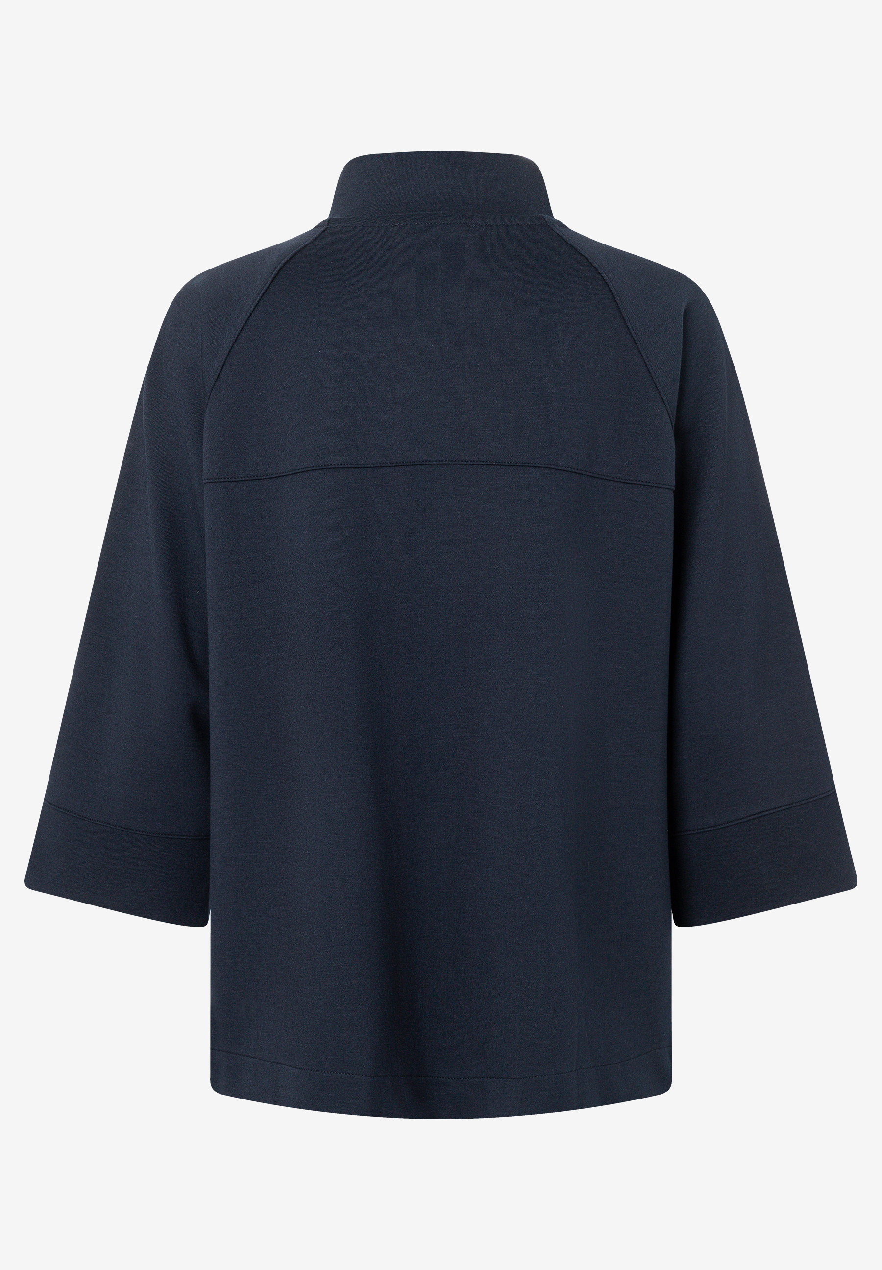 MORE & MORE Damen Sweatshirt in Dunkelblau mit Stehkragen und 3/4-Ärmeln, Rückansicht. MORE & MORE Damen Sweatshirt in Dunkelblau mit Stehkragen und 3/4-Ärmeln, Rückansicht.