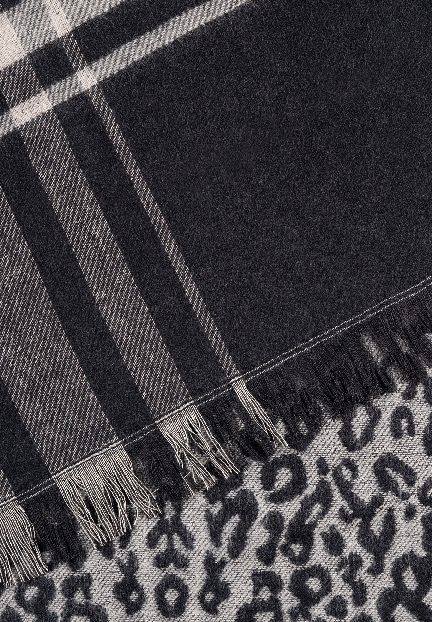 Nahaufnahme eines MORE & MORE Accessoires mit Karomuster, Streifen und Leopardenmuster. Nahaufnahme eines MORE & MORE Accessoires mit Karomuster, Streifen und Leopardenmuster.