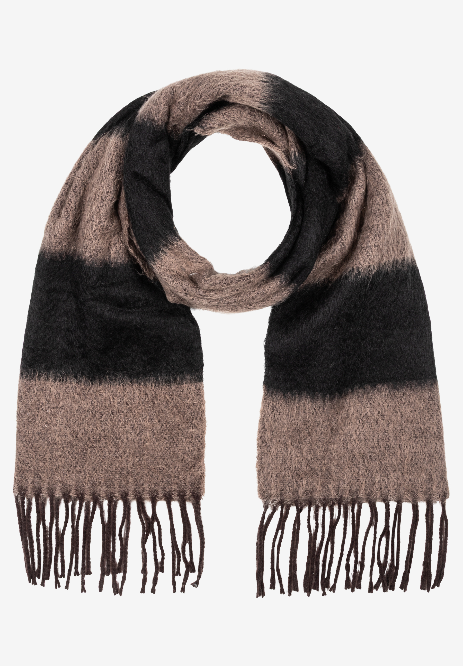 MORE & MORE Schal: Gemütlicher, schwarz-beiger Accessoire-Schal mit Streifen und Fransenenden