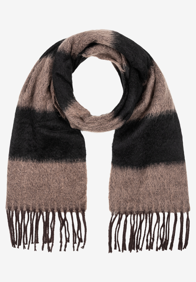 MORE & MORE Schal: Gemütlicher, schwarz-beiger Accessoire-Schal mit Streifen und Fransenenden