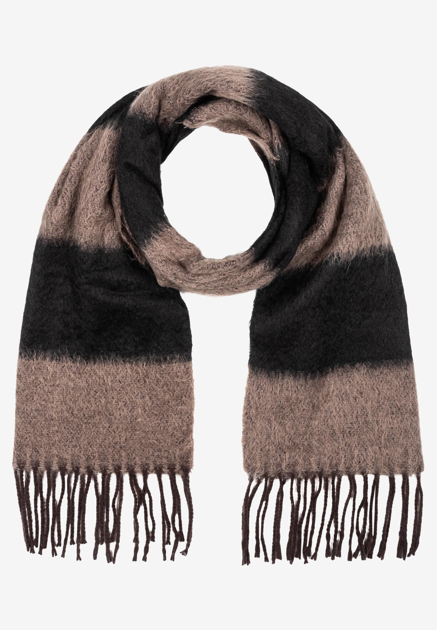 MORE & MORE Accessoire: flauschiger Schal mit breiten beigen und schwarzen Streifen und Fransenenden MORE & MORE Accessoire: flauschiger Schal mit breiten beigen und schwarzen Streifen und Fransenenden