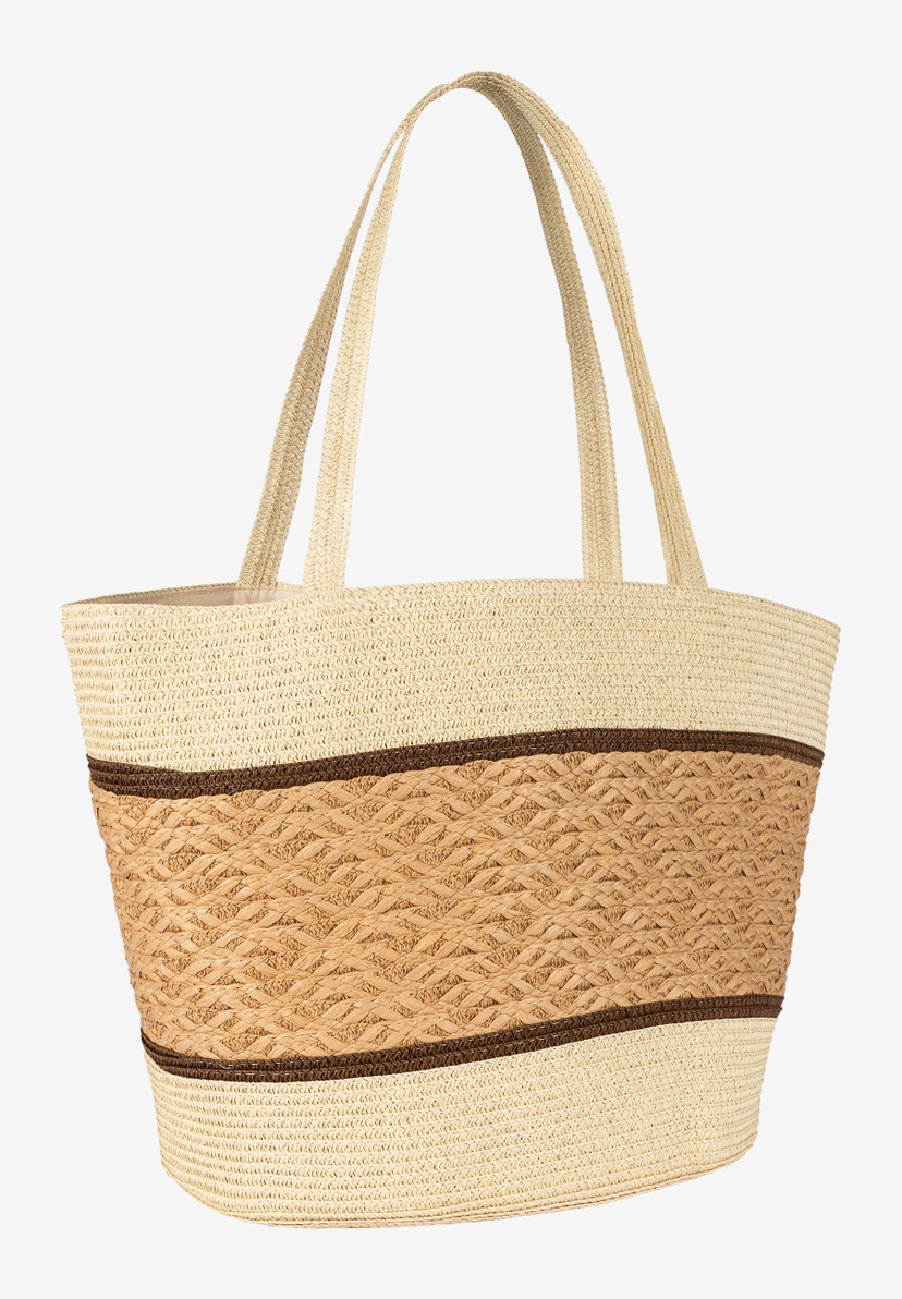 Eine MORE & MORE Basttasche mit Trägern und braunem Muster auf beigem Grund. Eine MORE & MORE Basttasche mit Trägern und braunem Muster auf beigem Grund.