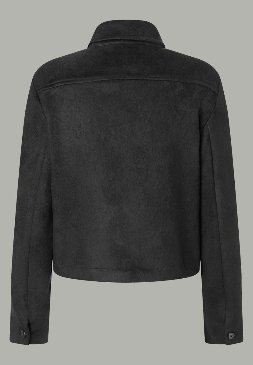 Rückansicht eines schwarzen MORE & MORE Blazers mit Kragen, Knopfleiste und geradem Saum vor neutralem Hintergrund. Rückansicht eines schwarzen MORE & MORE Blazers mit Kragen, Knopfleiste und geradem Saum vor neutralem Hintergrund.