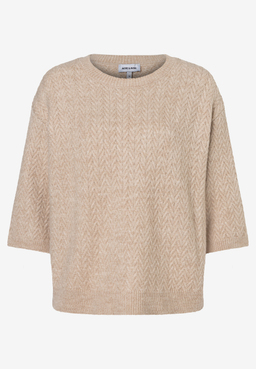 MORE & MORE Pullover in Beige mit Strickmuster, Rundhalsausschnitt und 3/4-Ärmeln.