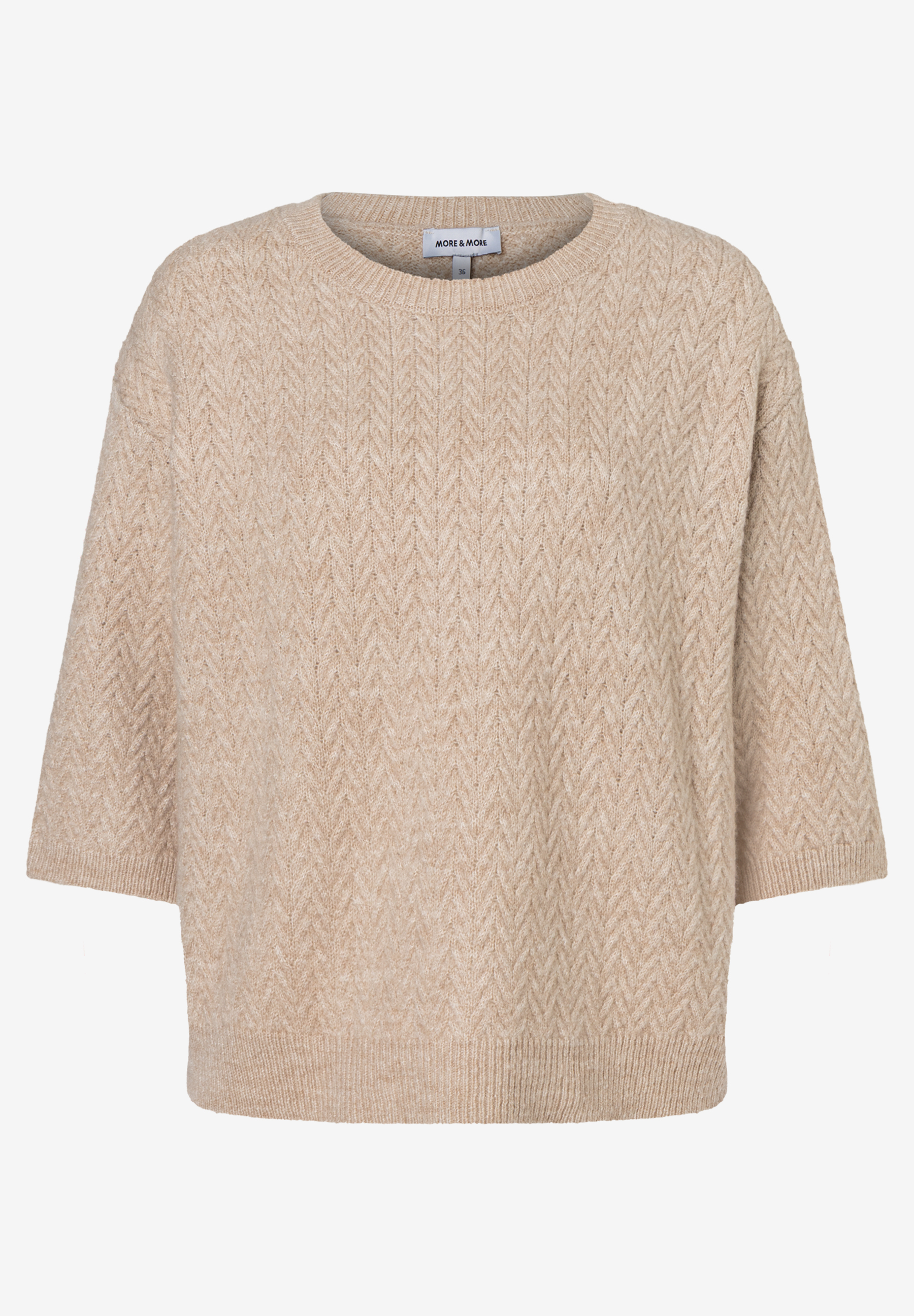 MORE & MORE Pullover mit Zopfstrickmuster: Ein wärmendes, elastisches Oberteil in Beige mit softer Haptik und 3/4-Ärmeln. MORE & MORE Pullover mit Zopfstrickmuster: Ein wärmendes, elastisches Oberteil in Beige mit softer Haptik und 3/4-Ärmeln.