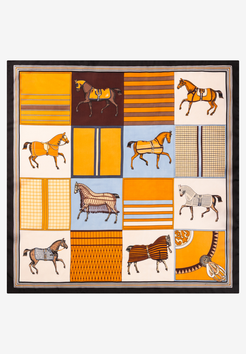 MORE & MORE Accessoire: Ein Seidentuch mit einem Patchwork-Muster aus stilisierten Pferden in Orange, Braun, Schwarz und Hellblau. MORE & MORE Accessoire: Ein Seidentuch mit einem Patchwork-Muster aus stilisierten Pferden in Orange, Braun, Schwarz und Hellblau.
