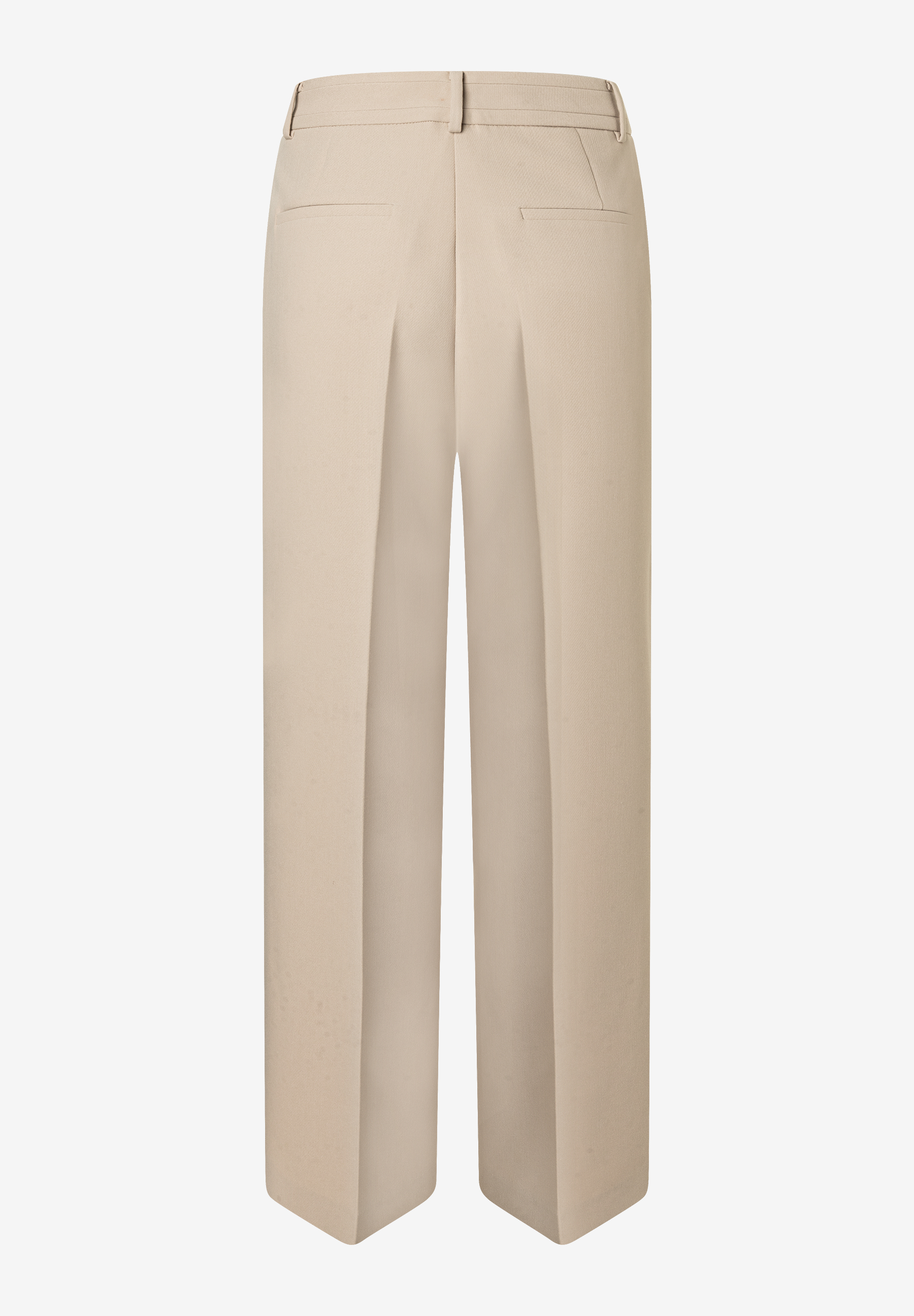 MORE & MORE Jeans: Beige Webware-Hose, Rückansicht. Hoher Bund, gerade geschnitten, mit Bügelfalten und Paspeltaschen. MORE & MORE Jeans: Beige Webware-Hose, Rückansicht. Hoher Bund, gerade geschnitten, mit Bügelfalten und Paspeltaschen.