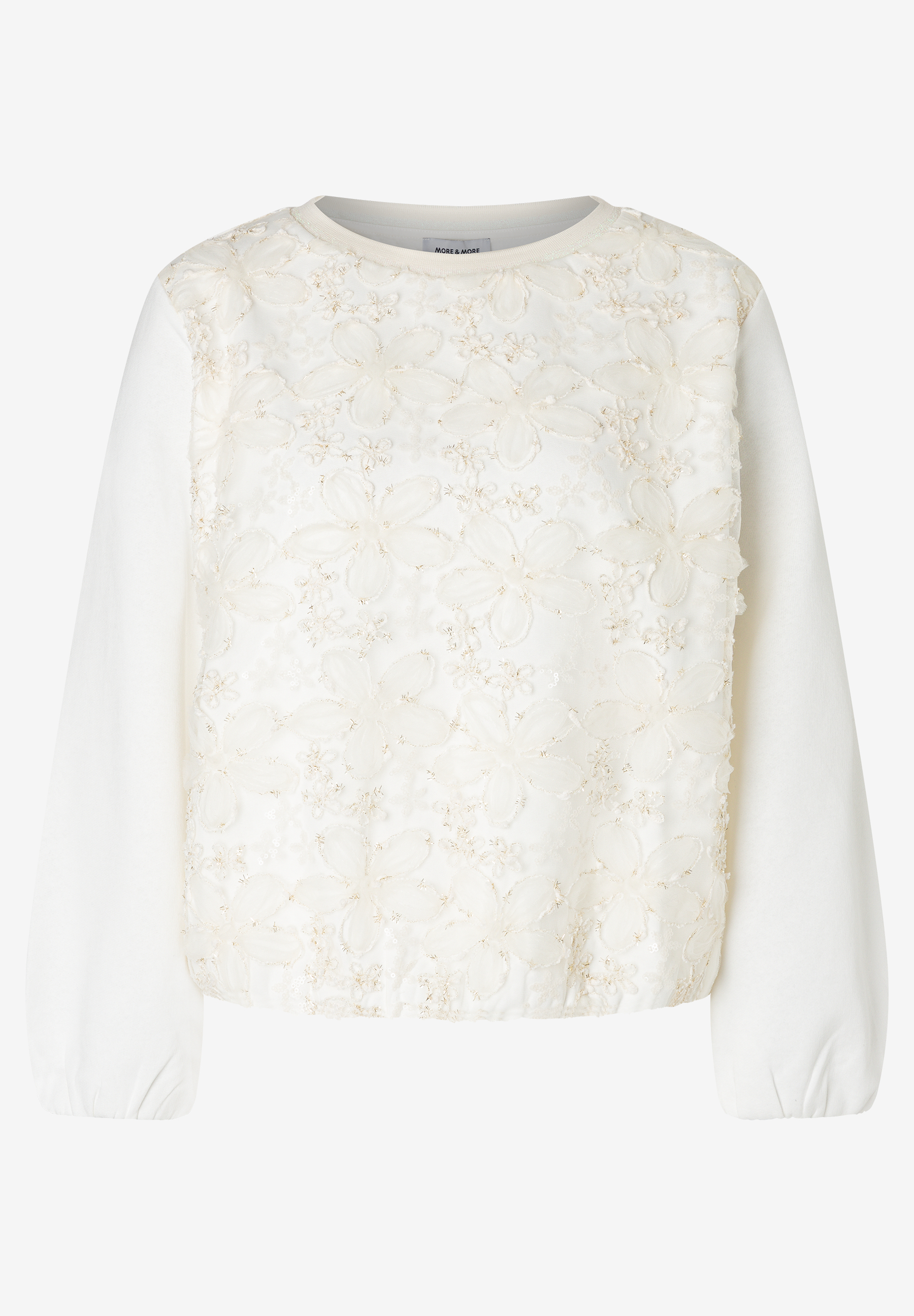 MORE & MORE Sweatshirt: creme-weißer Pullover mit transparentem, blumigem Paillettenbesatz auf der Vorderseite.