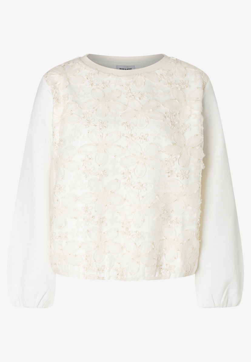 MORE & MORE Sweatshirt: creme-weißer Pullover mit transparentem, blumigem Paillettenbesatz auf der Vorderseite. MORE & MORE Sweatshirt: creme-weißer Pullover mit transparentem, blumigem Paillettenbesatz auf der Vorderseite.