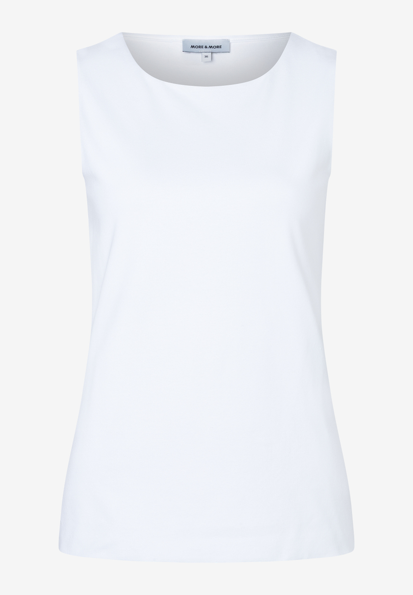 Ein ärmelloses, weißes MORE & MORE Top aus Jersey mit Rundhalsausschnitt. Ein ärmelloses, weißes MORE & MORE Top aus Jersey mit Rundhalsausschnitt.