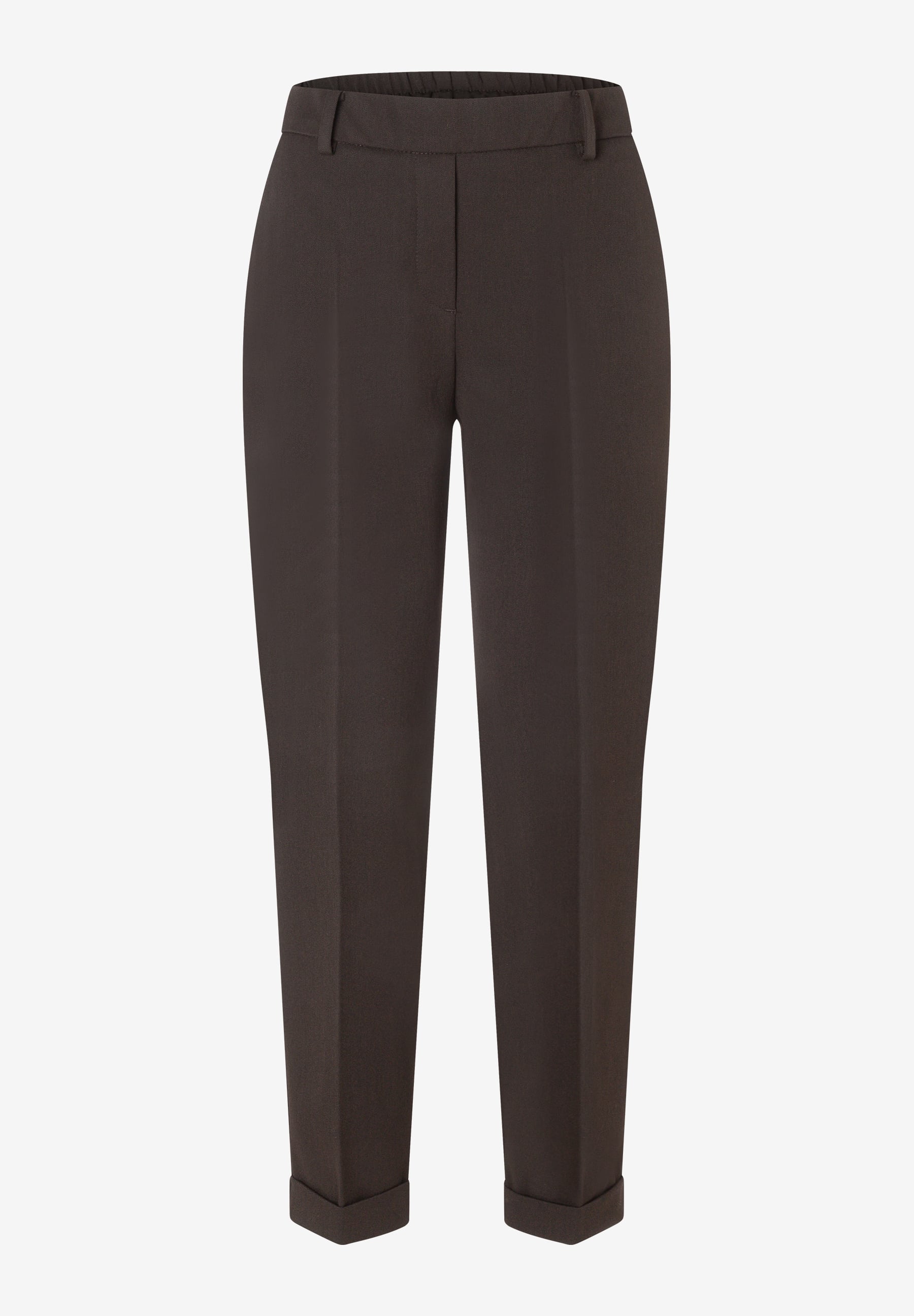 MORE & MORE dunkelbraune Webware-Jeans mit elastischem Bund, elegant gefalteten Nähten und gekrempelten Säumen