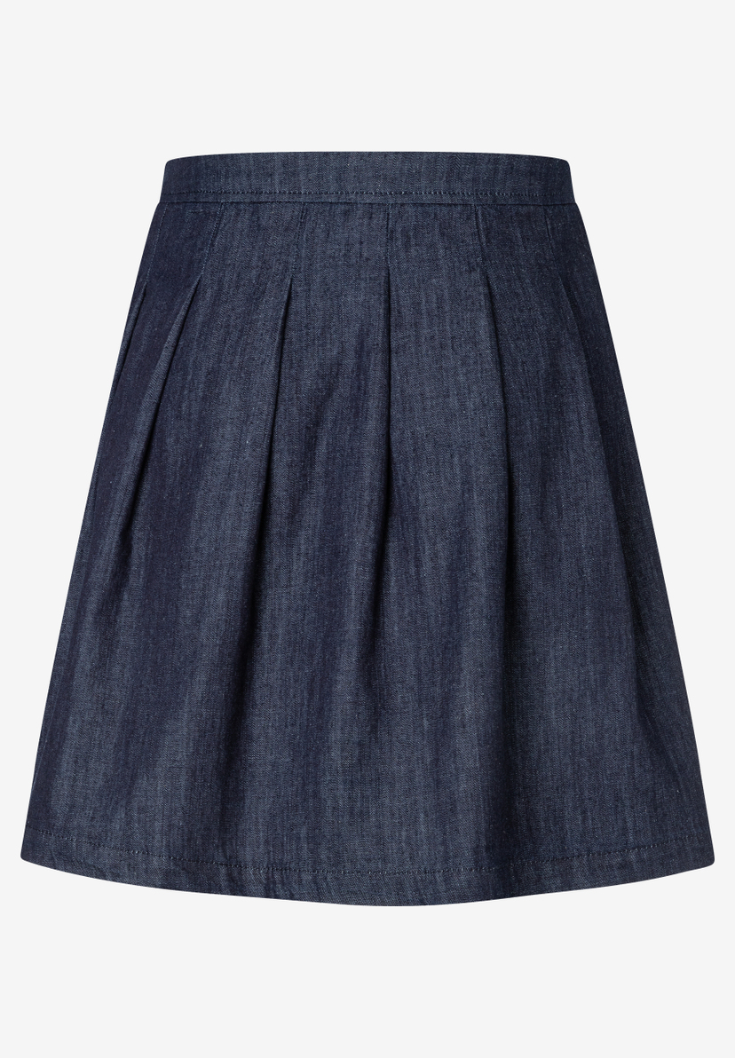 MORE & MORE Jeansrock in Dunkelblau mit Falten. Der Rock hat einen geraden Bund und Falten, die sich zur A-Linie öffnen.