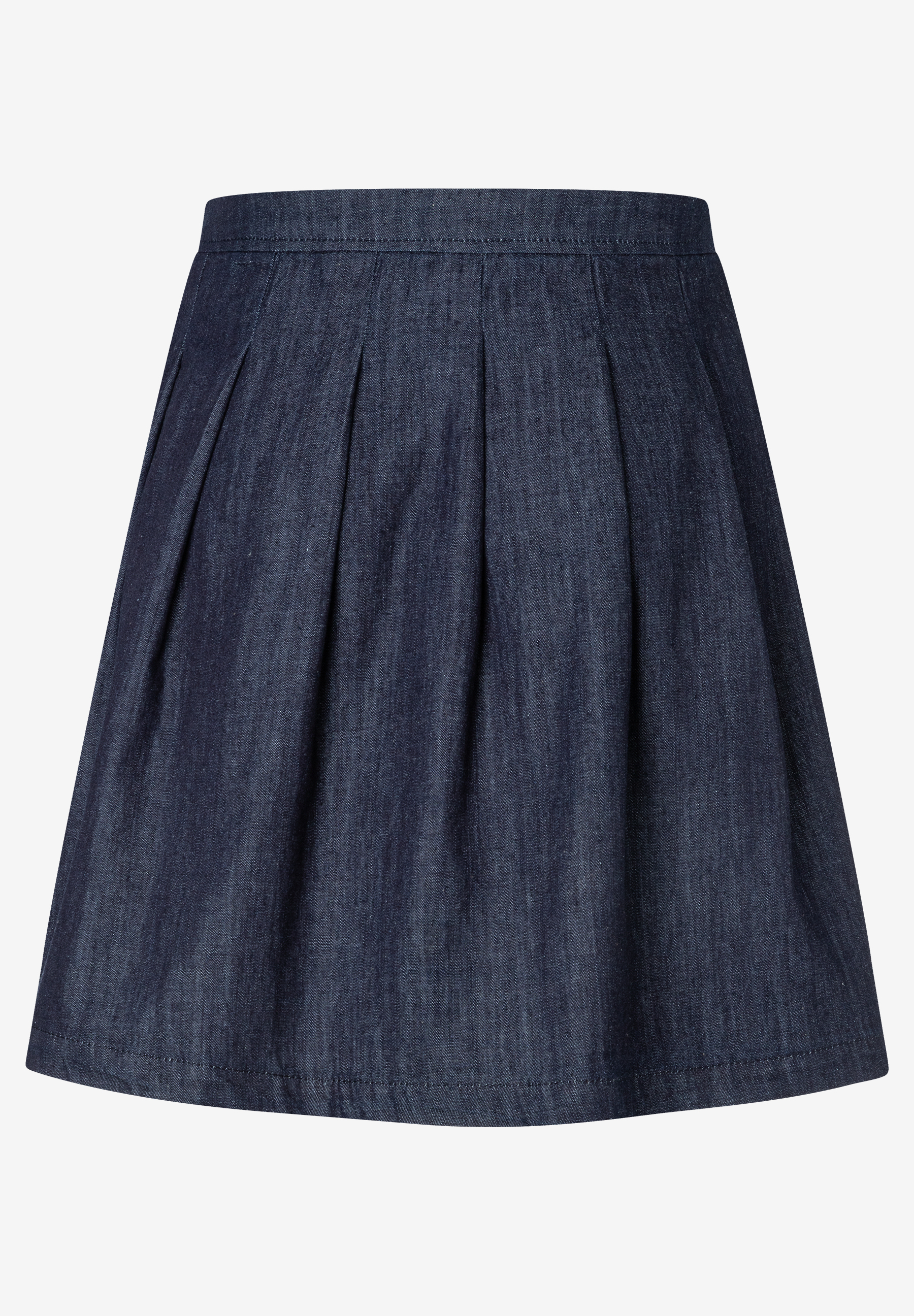 MORE & MORE Jeansrock in Dunkelblau mit Falten. Der Rock hat einen geraden Bund und Falten, die sich zur A-Linie öffnen. MORE & MORE Jeansrock in Dunkelblau mit Falten. Der Rock hat einen geraden Bund und Falten, die sich zur A-Linie öffnen.