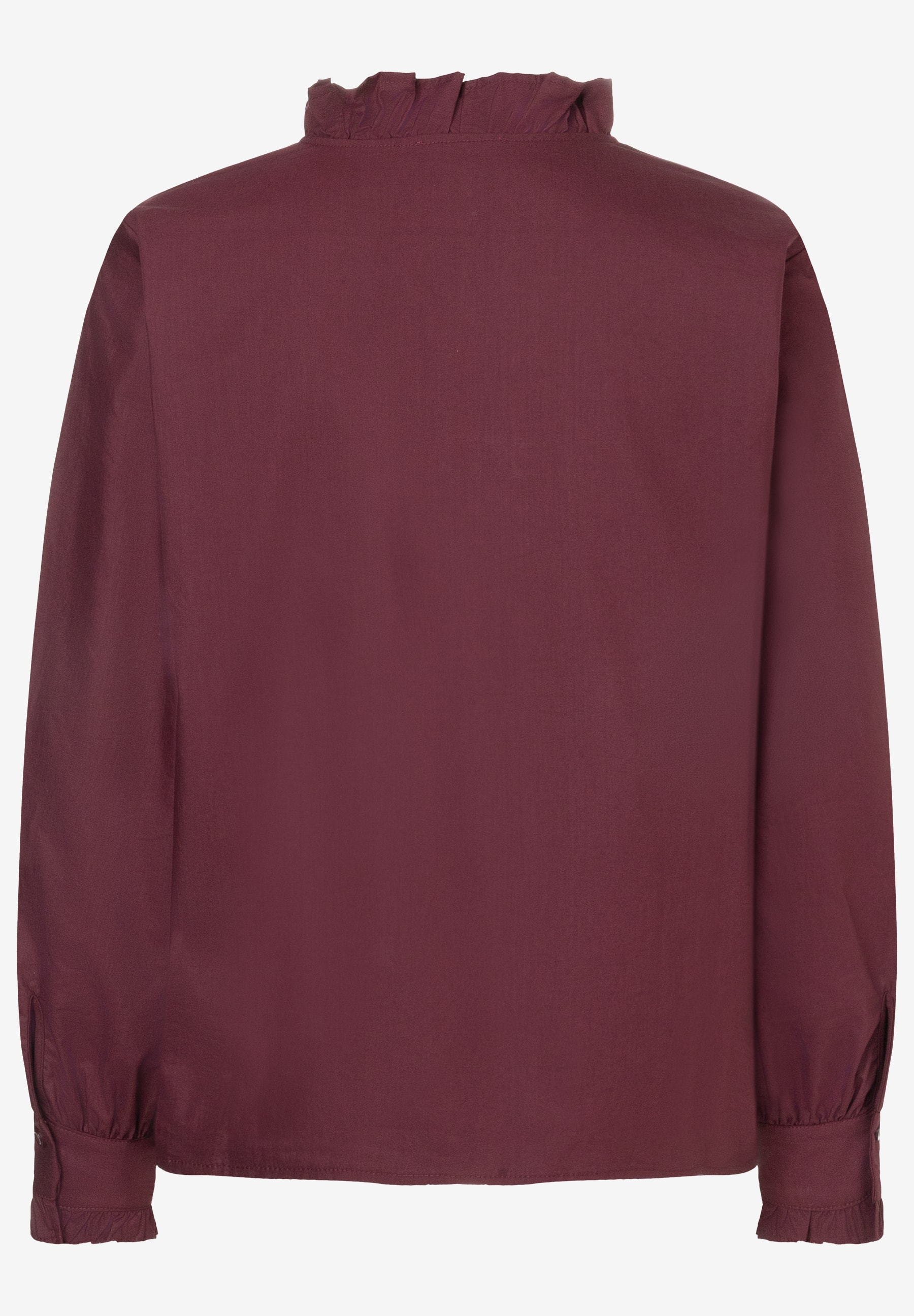 MORE & MORE Bluse aus Popeline-Baumwollmischung. Das bordeauxrote Oberteil hat lange Ärmel & einen elastischen Rüschenkragen. MORE & MORE Bluse aus Popeline-Baumwollmischung. Das bordeauxrote Oberteil hat lange Ärmel & einen elastischen Rüschenkragen.