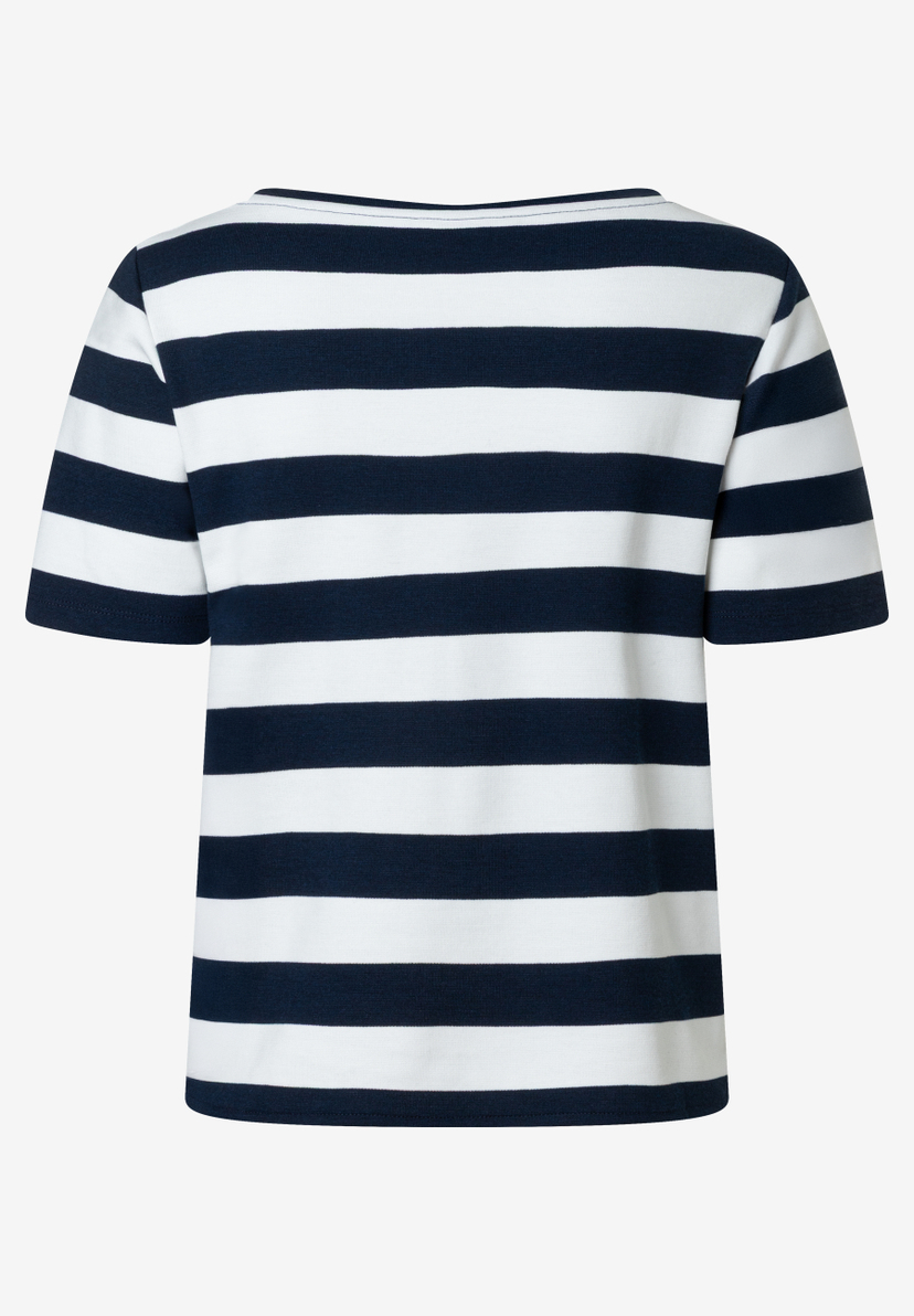 Ein MORE & MORE T-Shirt mit weißen und dunkelblauen horizontalen Streifen.