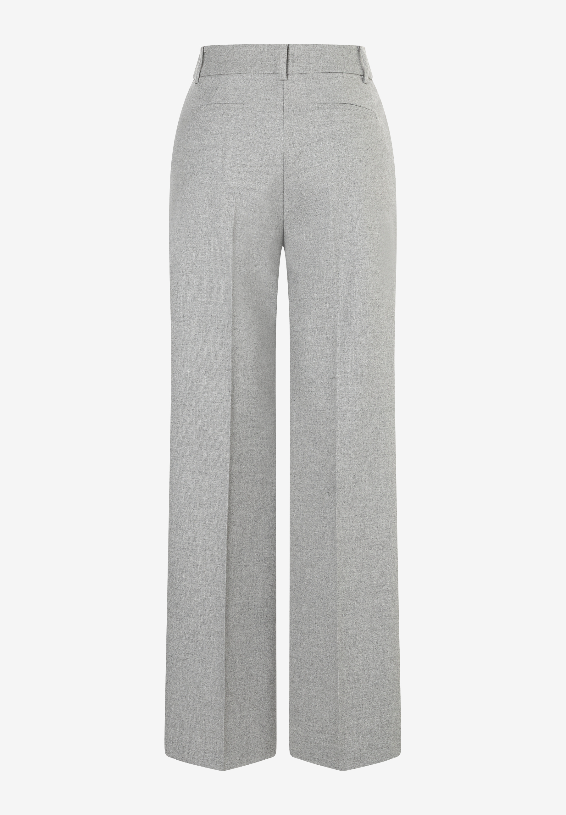 Eine graue MORE & MORE Hose aus Webware mit weitem Bein, rückwärtig aufgenommen. Eine graue MORE & MORE Hose aus Webware mit weitem Bein, rückwärtig aufgenommen.