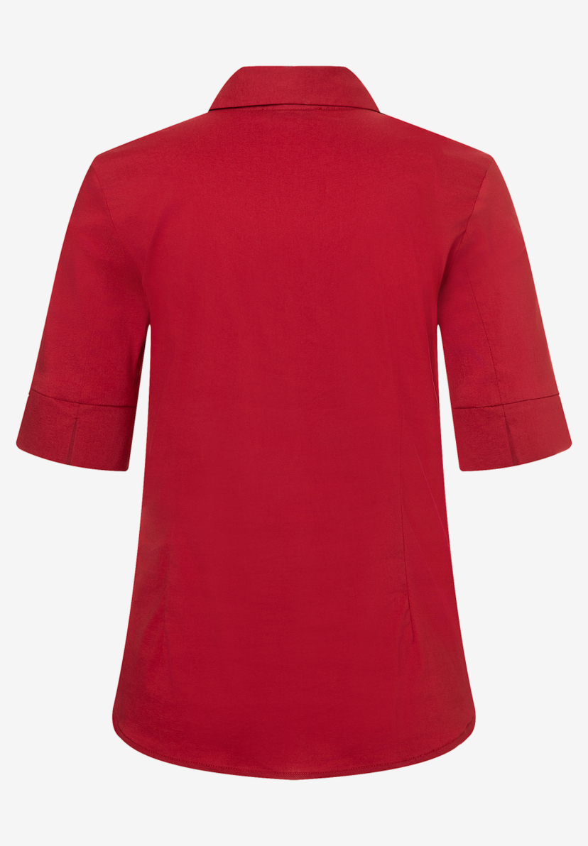 MORE & MORE rote Popeline-Bluse mit 3/4-Ärmeln, geradem Saum und klassischem Kragen MORE & MORE rote Popeline-Bluse mit 3/4-Ärmeln, geradem Saum und klassischem Kragen