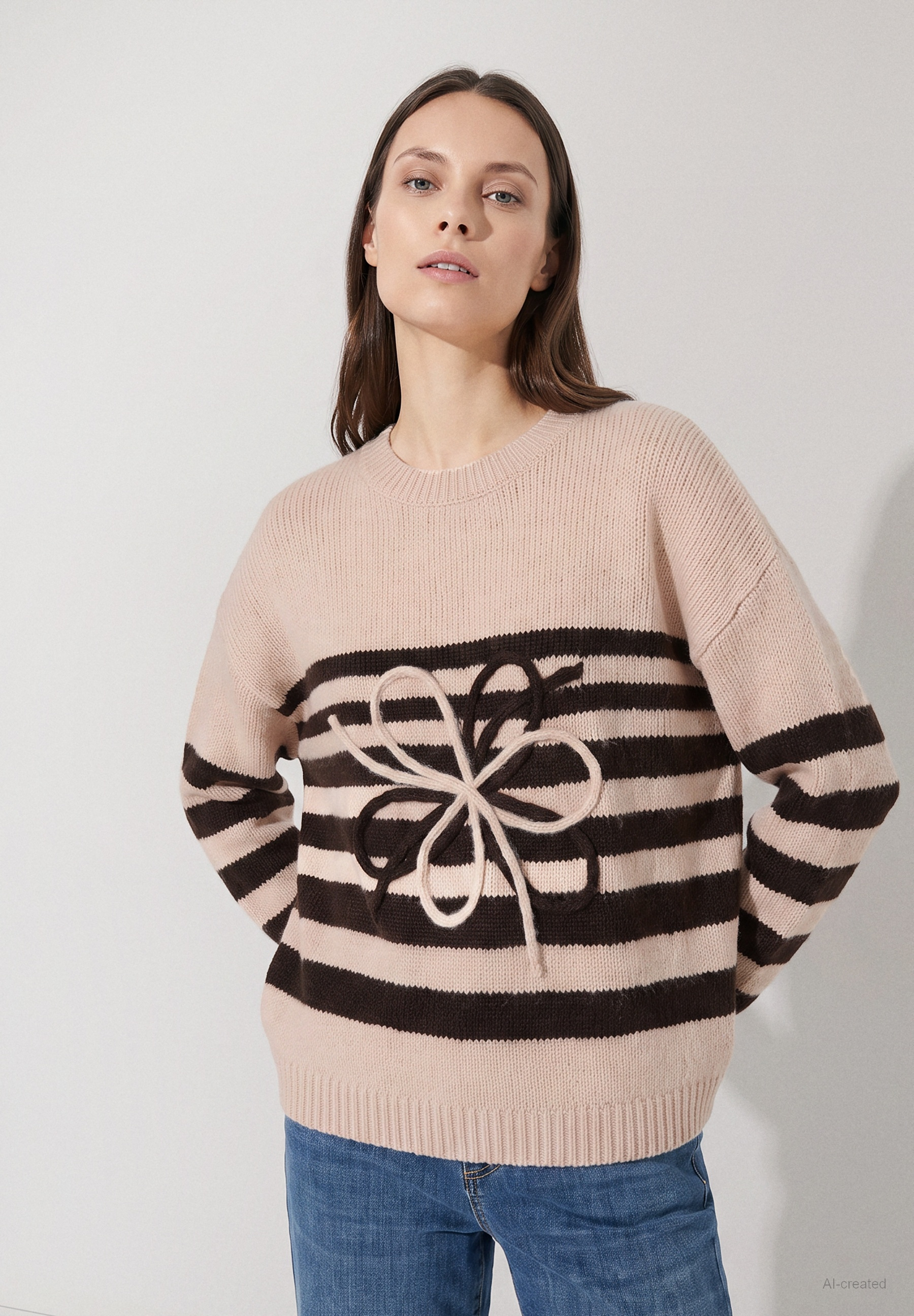 MORE & MORE Damen Pullover: hellbraun-dunkelbraun gestreift, 3D-Schleifendesign auf der Vorderseite, Rundhals, Langarm.