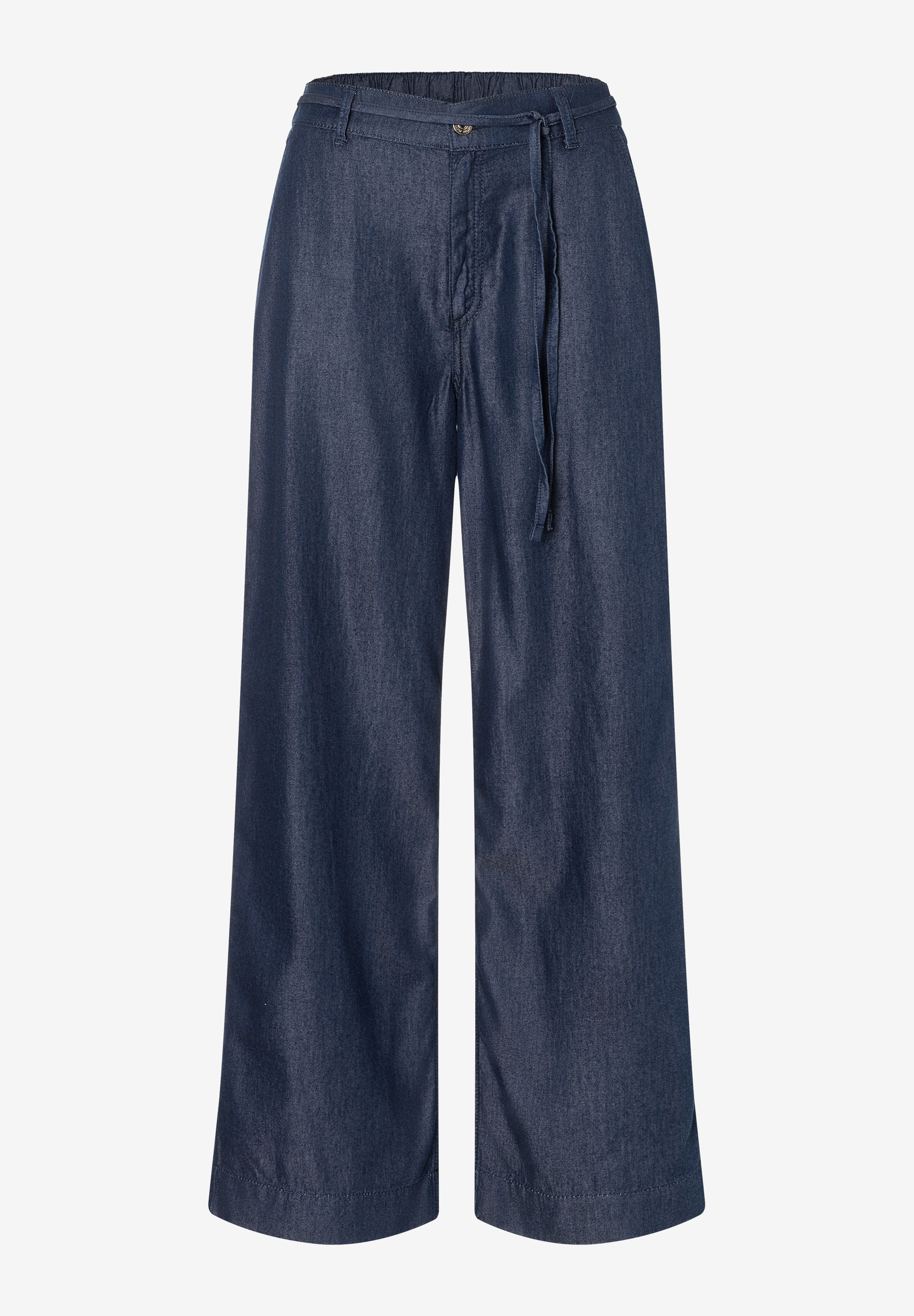 MORE & MORE Jeans: dunkelblaue Marlene-Jeans mit weitem Bein, Kordelzug und weichem Stoff MORE & MORE Jeans: dunkelblaue Marlene-Jeans mit weitem Bein, Kordelzug und weichem Stoff