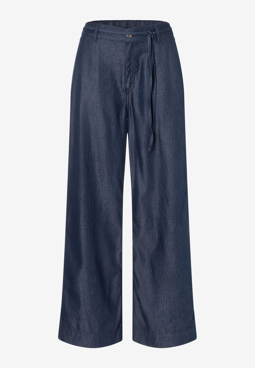 MORE & MORE Jeans: dunkelblaue Marlene-Jeans mit weitem Bein, Kordelzug und weichem Stoff MORE & MORE Jeans: dunkelblaue Marlene-Jeans mit weitem Bein, Kordelzug und weichem Stoff