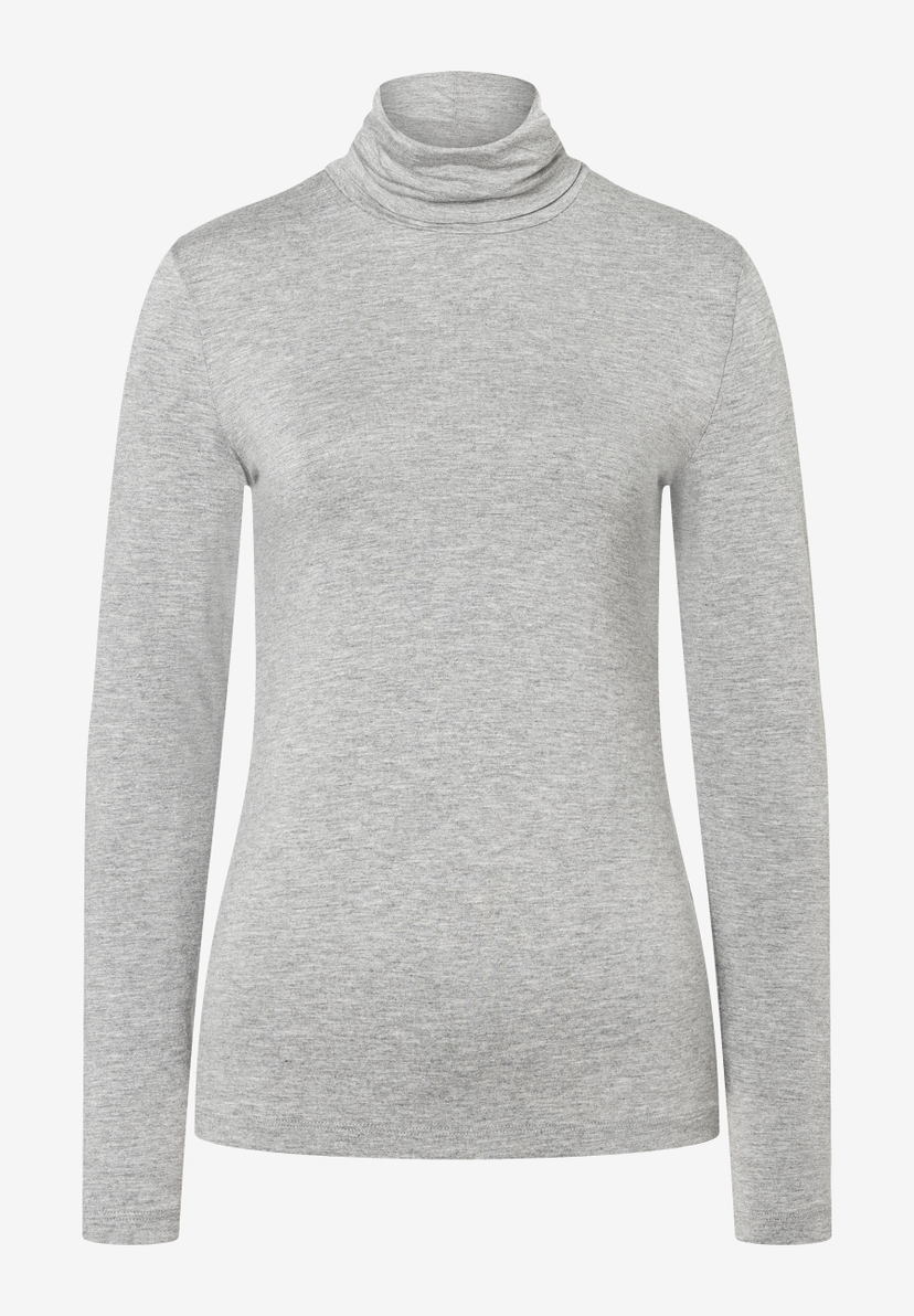 Ein graues MORE & MORE Rollkragen-Oberteil mit langen Ärmeln vor einem weißen Hintergrund. Ein graues MORE & MORE Rollkragen-Oberteil mit langen Ärmeln vor einem weißen Hintergrund.
