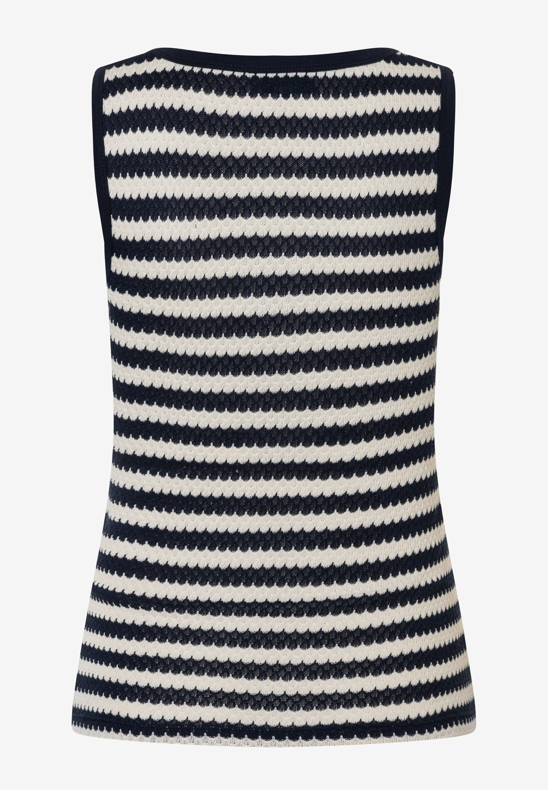 Ein MORE & MORE Oberteil mit blau-weißen Streifen und dunklem Rand.