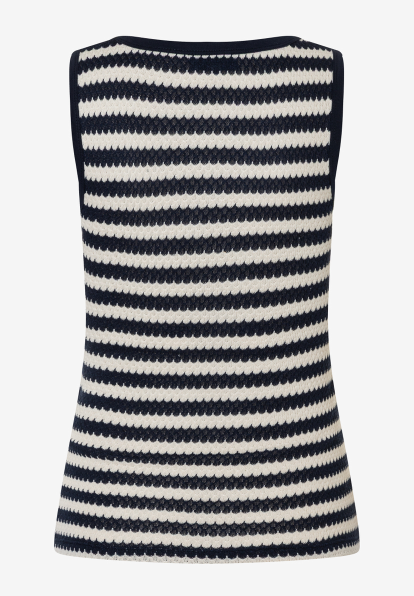 Ein MORE & MORE Oberteil mit blau-weißen Streifen und dunklem Rand. Ein MORE & MORE Oberteil mit blau-weißen Streifen und dunklem Rand.