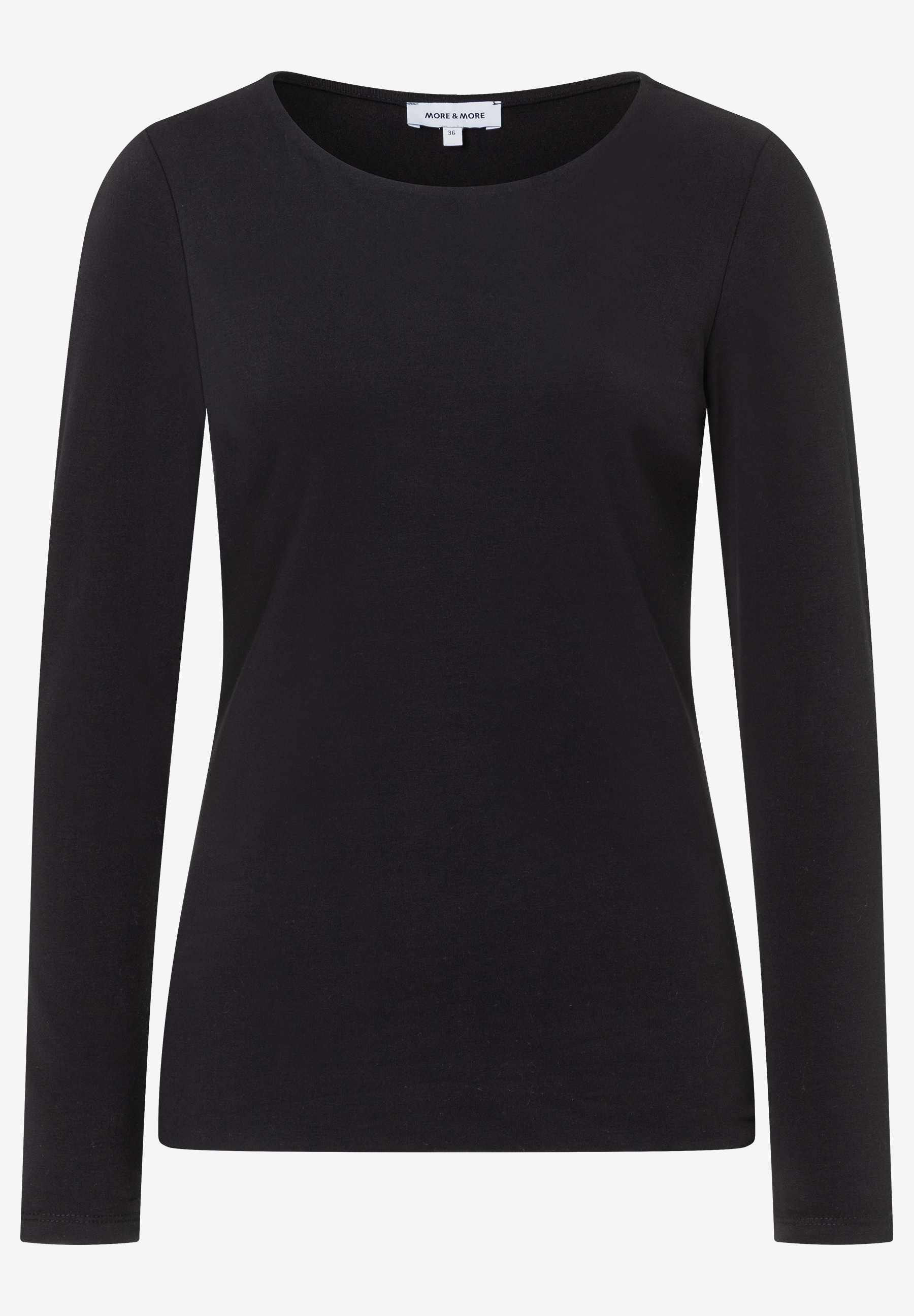 Schwarzes MORE & MORE Langarmshirt aus Jersey mit Rundhalsausschnitt für angenehmen Tragekomfort. Schwarzes MORE & MORE Langarmshirt aus Jersey mit Rundhalsausschnitt für angenehmen Tragekomfort.