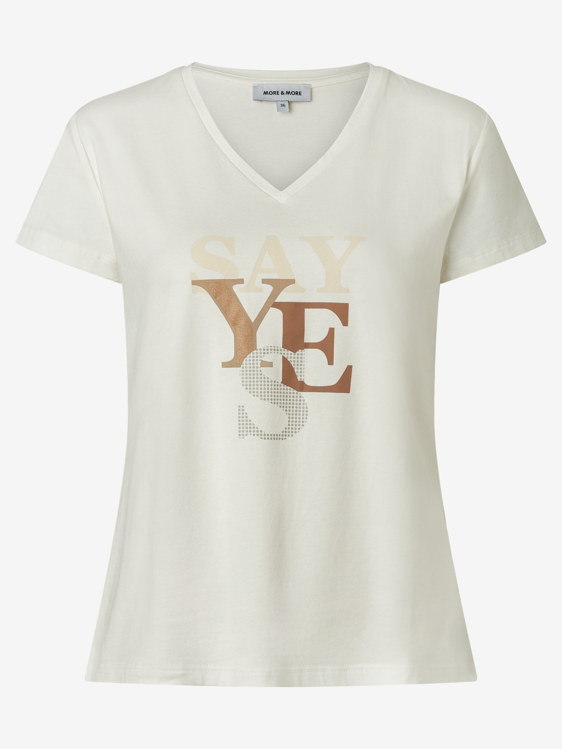 Ein MORE & MORE T-Shirt mit V-Ausschnitt und dem Aufdruck "SAY YES". Ein MORE & MORE T-Shirt mit V-Ausschnitt und dem Aufdruck "SAY YES".