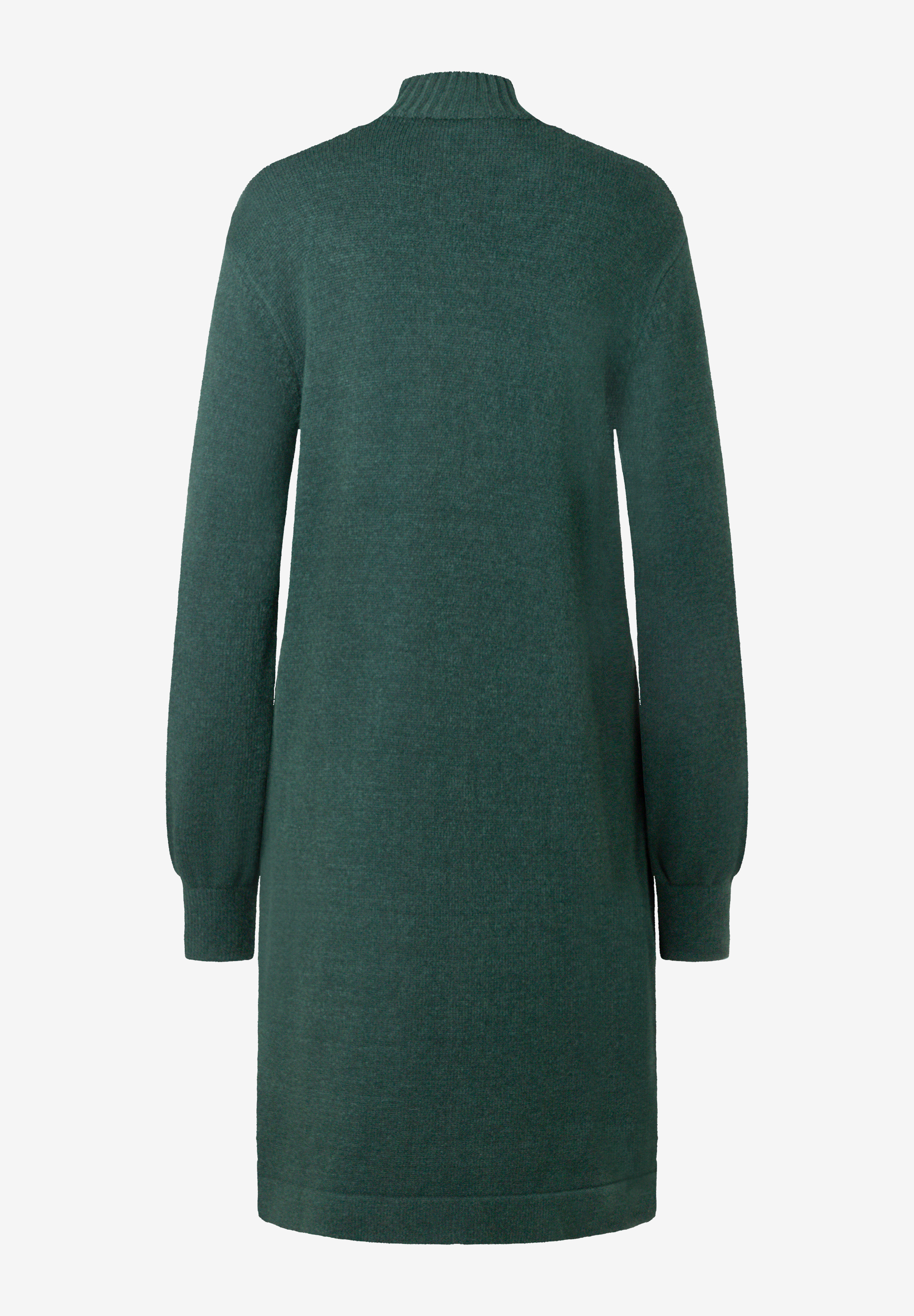 MORE & MORE Damen Strickkleid in dunklem Petrol, hochgeschlossener Kragen, langer Ärmel mit Bündchen, knielang, Rückansicht.